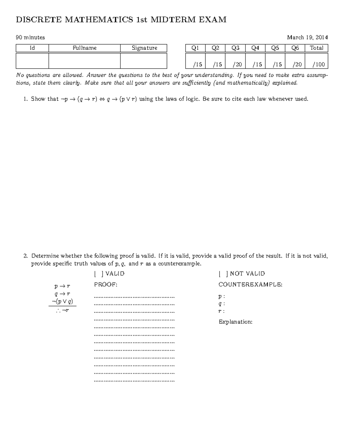 Midterm 1 - Question - DISCRETE MATHEMATICS 1st MIDTERM EXAM 90 minutes ...
