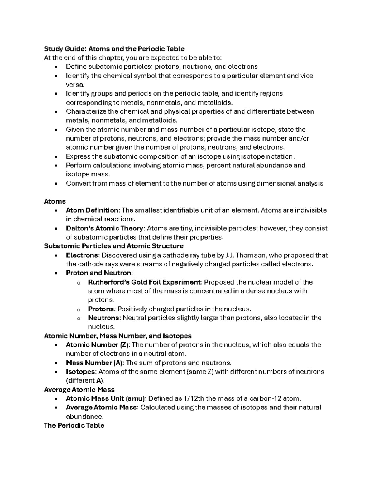 Study Guide: Atoms and the Periodic Table (Module 2) - Study Guide ...