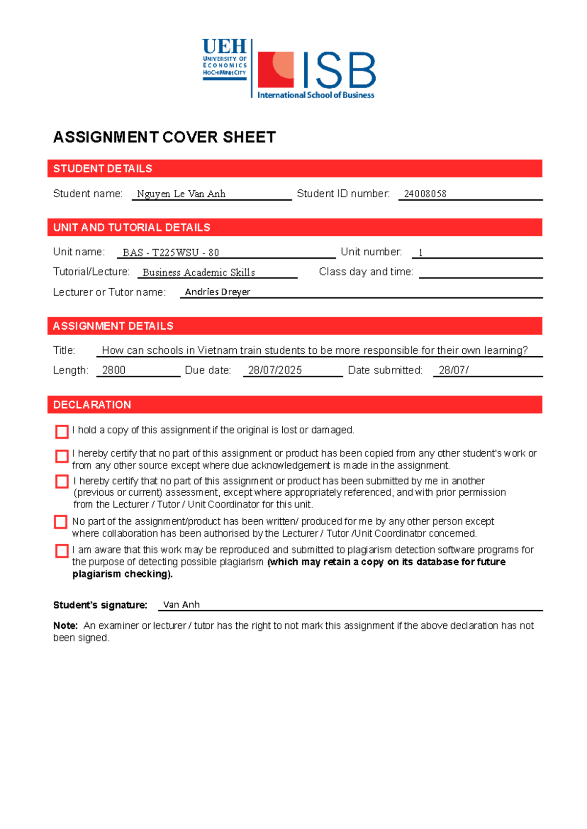 BAS T225WSU Individual Assignment Cover Sheet - Van Anh - Studocu