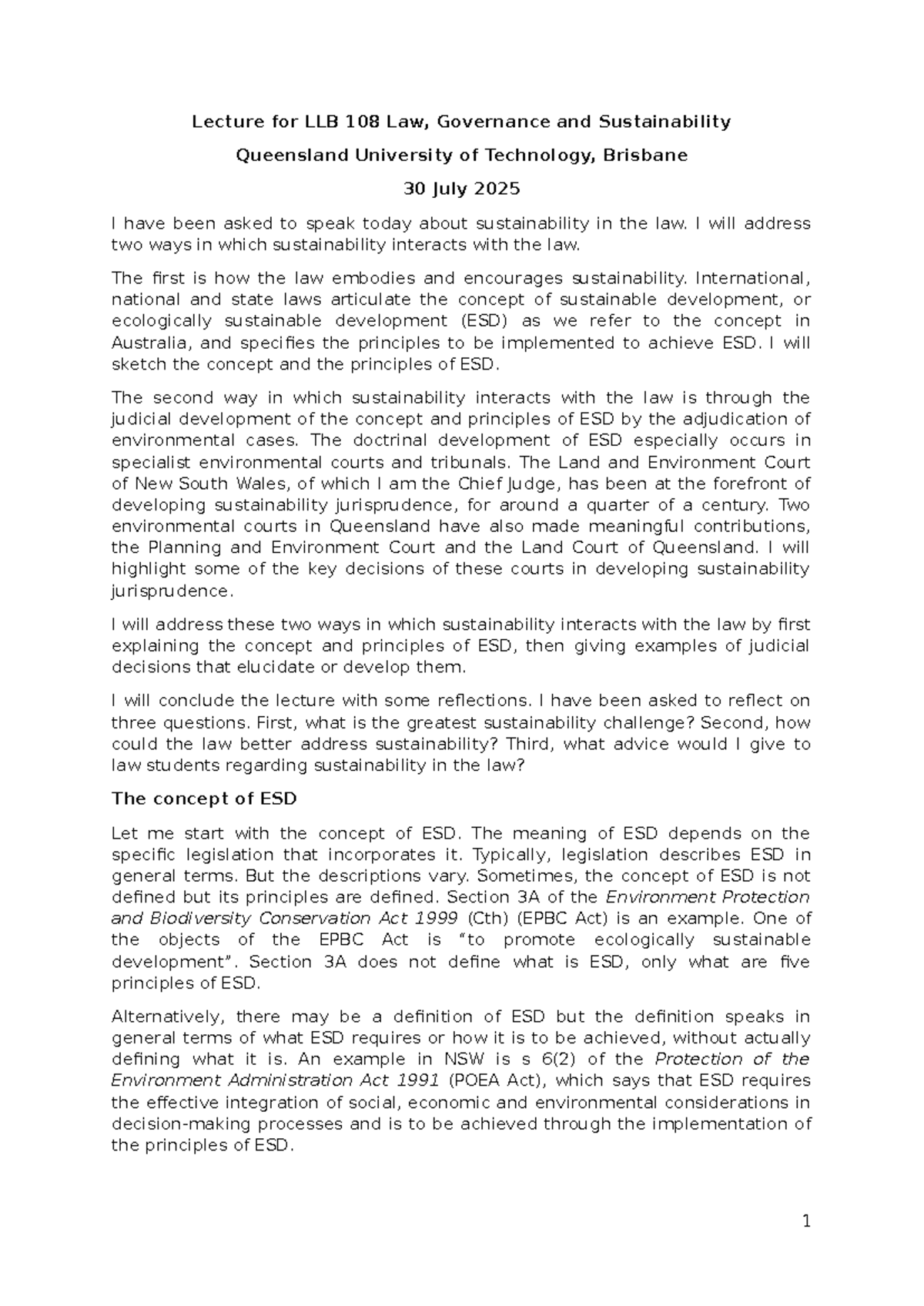 Lecture on ESD in Law: Insights from LLB 108 at QUT, 30 July 2025 - Studocu