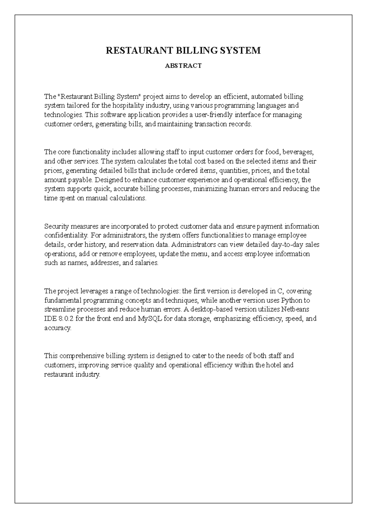 Abstract for Projects: Restaurant Billing & Job Finder Systems - Studocu