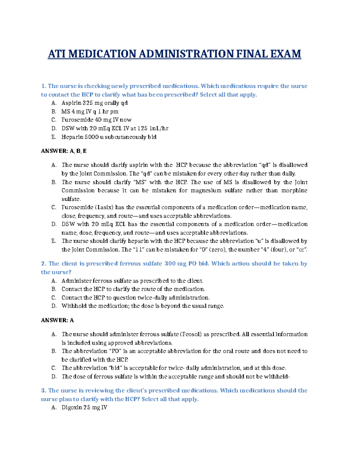 ATI MEDICATION ADMINISTRATION FINAL EXAM REVIEW NOTES - Studocu