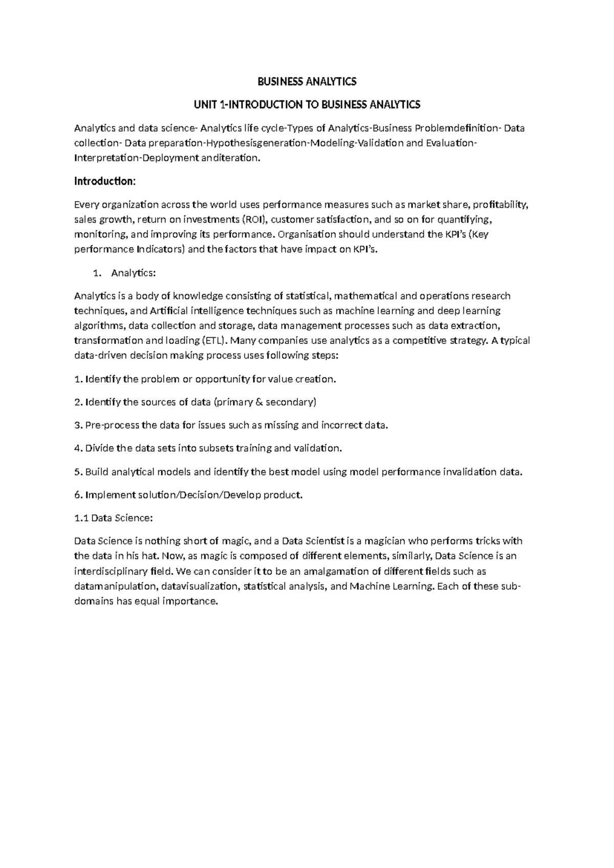 Business Analytics - Unit 1: Introduction & Key Concepts - Studocu