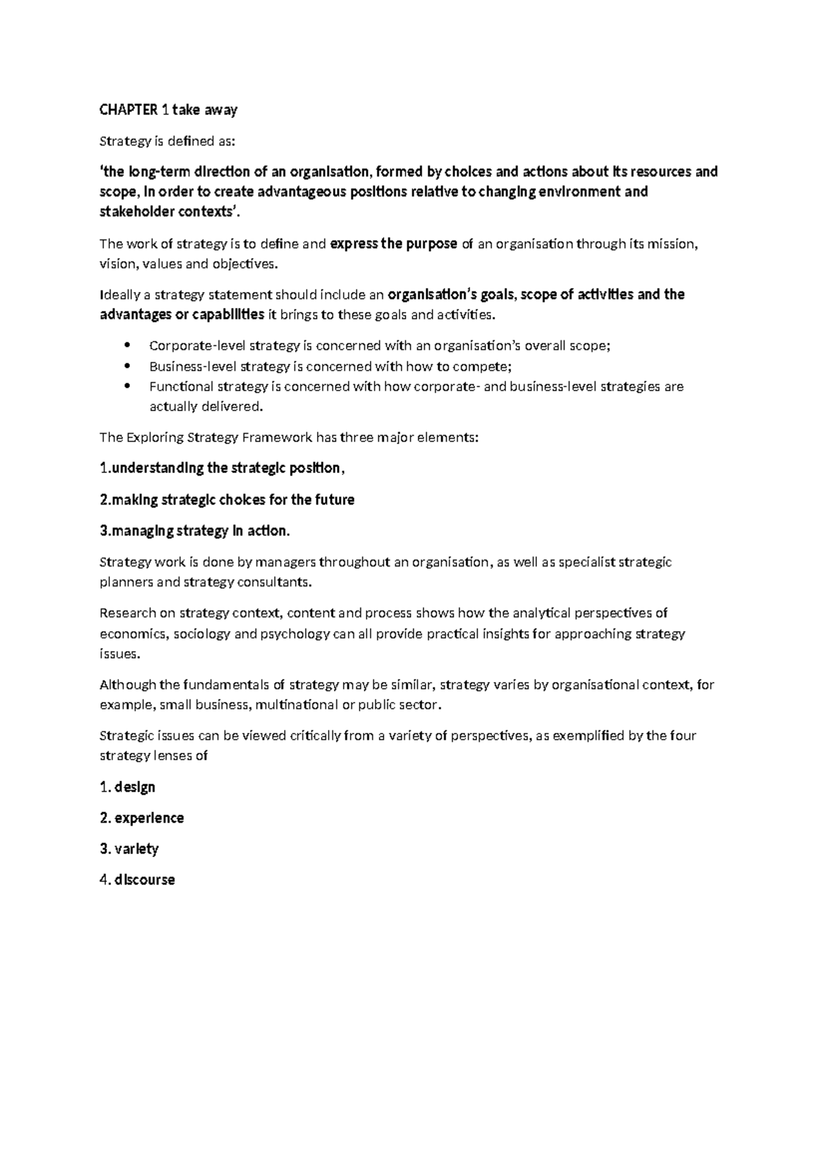 Strategic Management CH 1 Summary: Key Takeaways & Concepts - Studocu