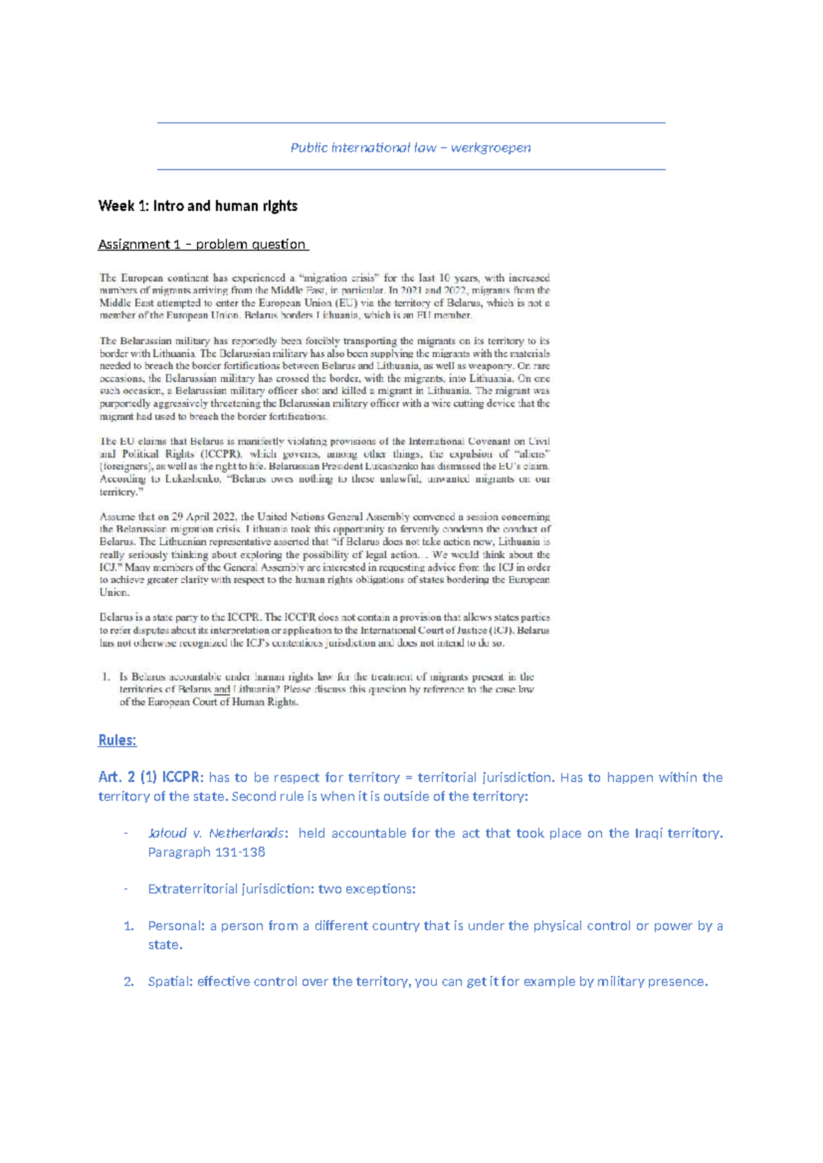 PIL Werkgroep 2 - Week 1 Notes on Human Rights & Jurisdiction - Studeersnel