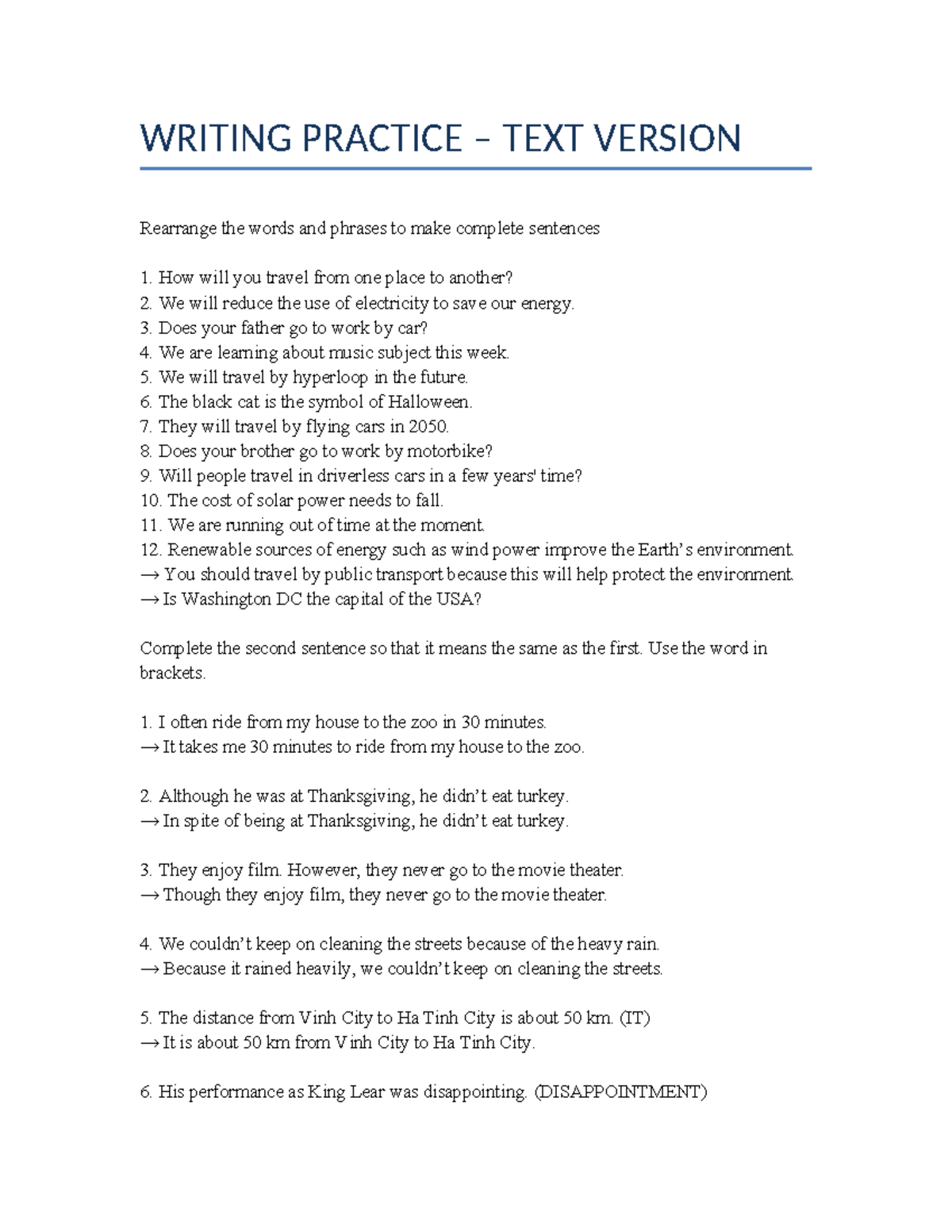 Writing Practice Text Version: Sentence Rearrangement & Completion ...