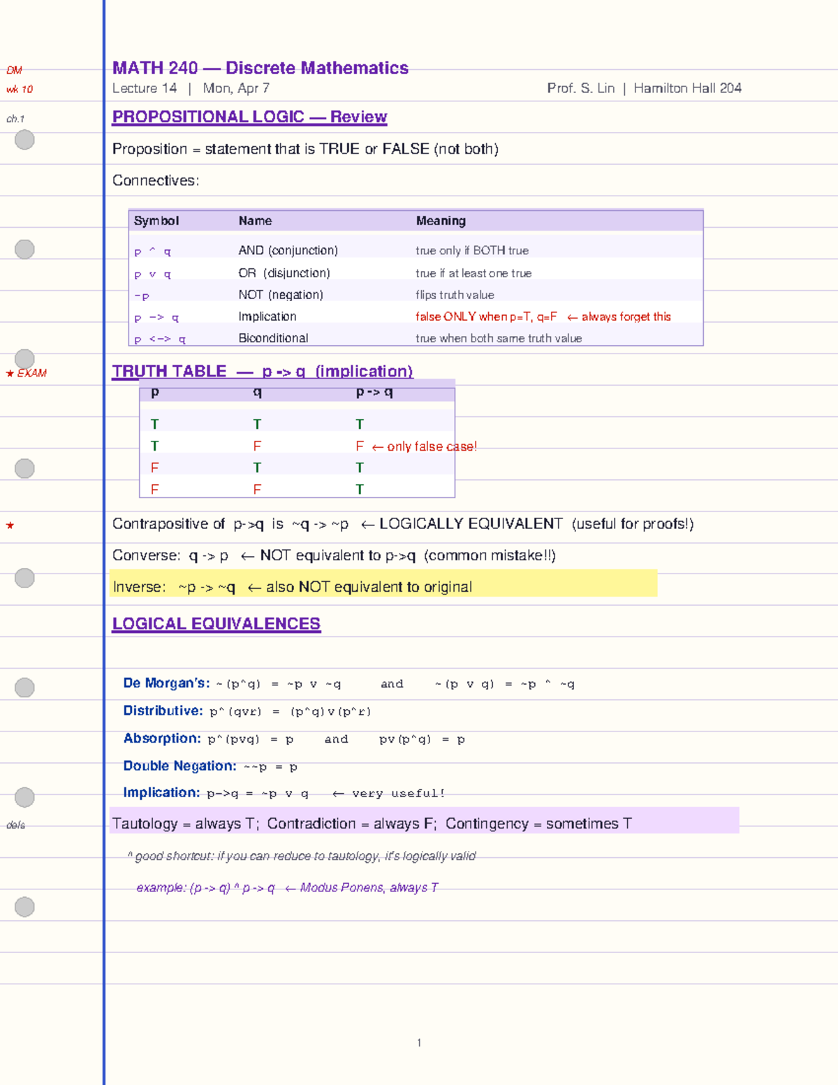 MATH 240 Discrete Mathematics Lecture 14: Propositional Logic Review ...