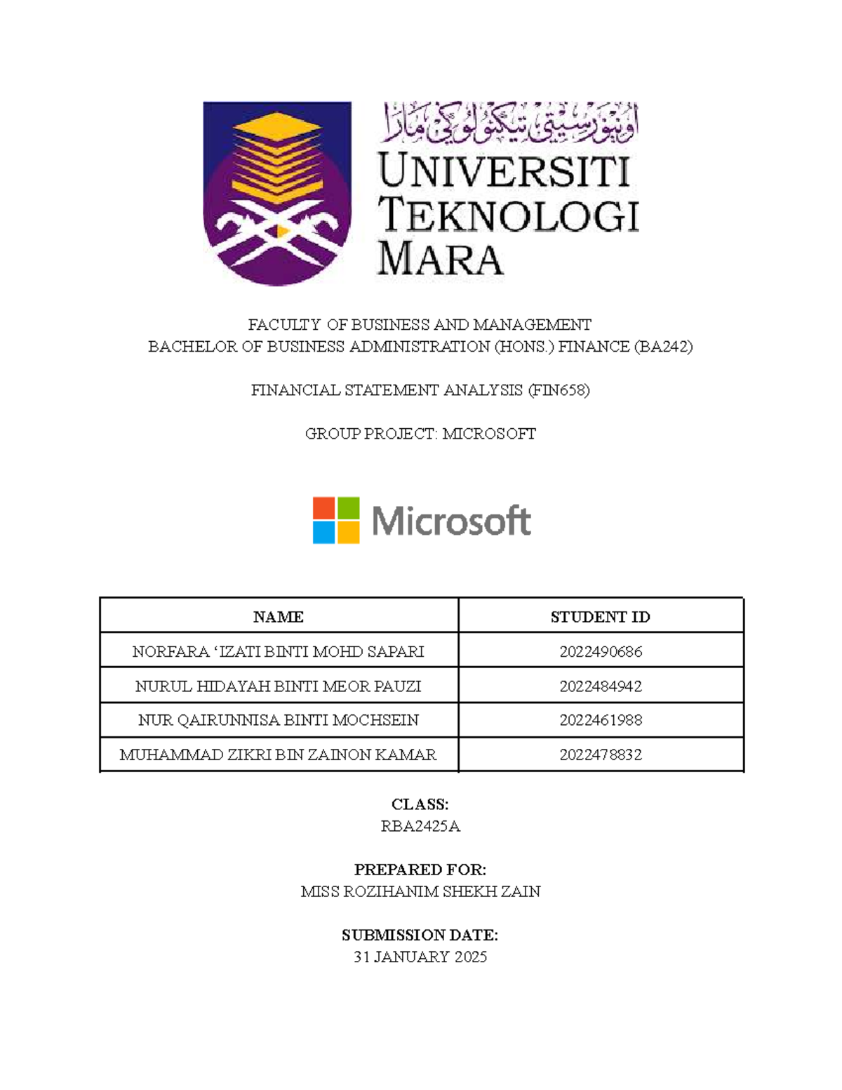 FSA- Microsoft Financial Statement Analysis Group Project (FIN658 ...