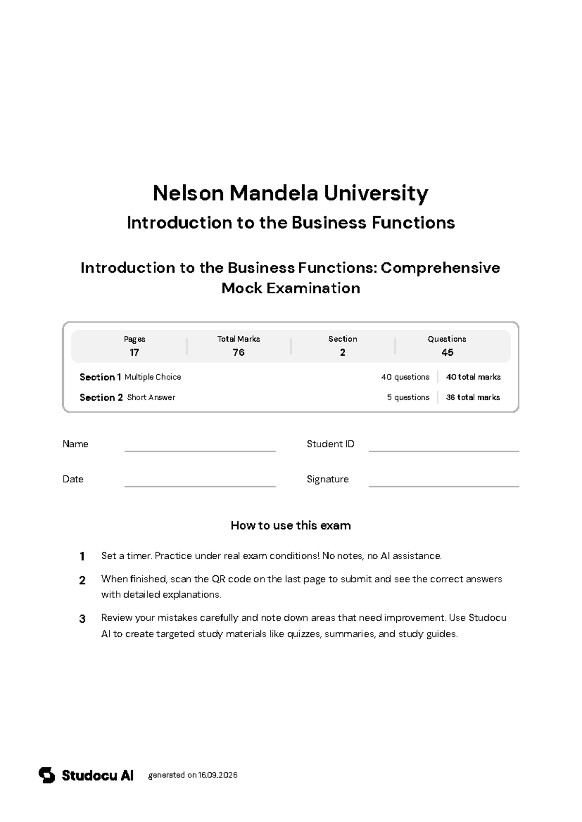 Comprehensive Mock Exam: Business Functions Overview - Studocu