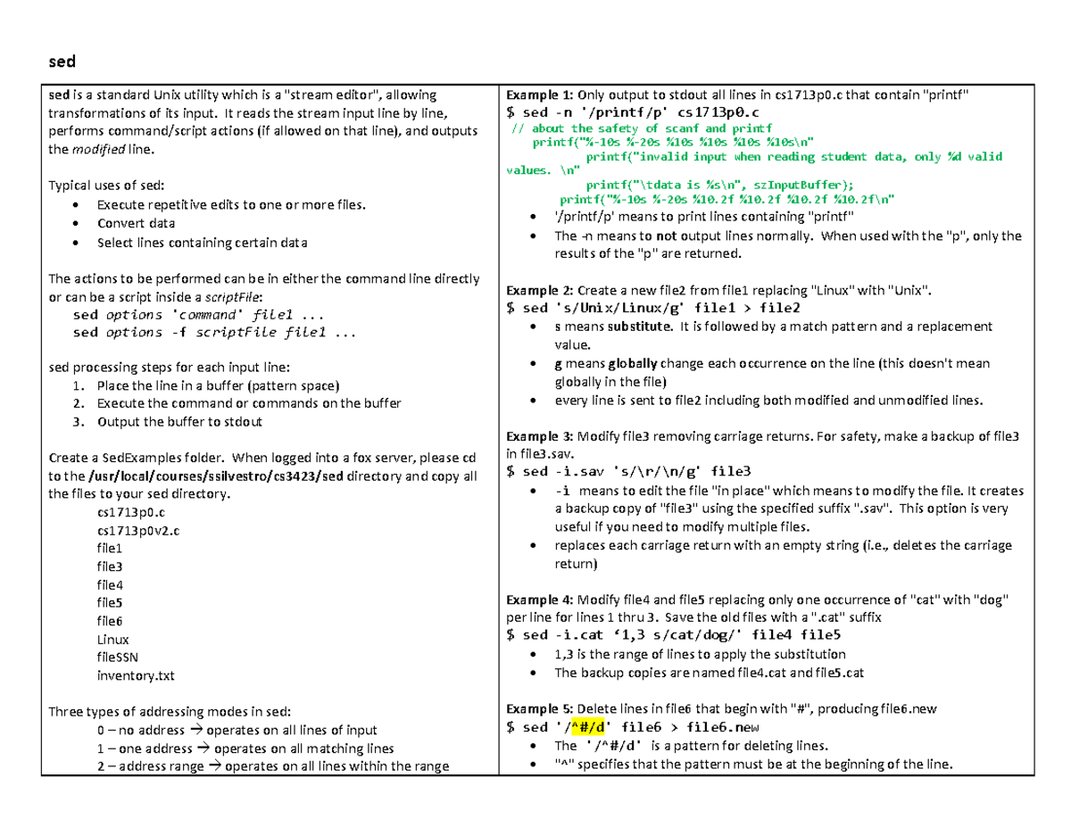 Sed Command Examples and Applications in Unix Systems (CS3423) - Studocu