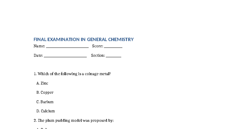 FINAL EXAM: GENERAL CHEMISTRY (CHEM 101) - ANSWER KEY INCLUDED - Studocu