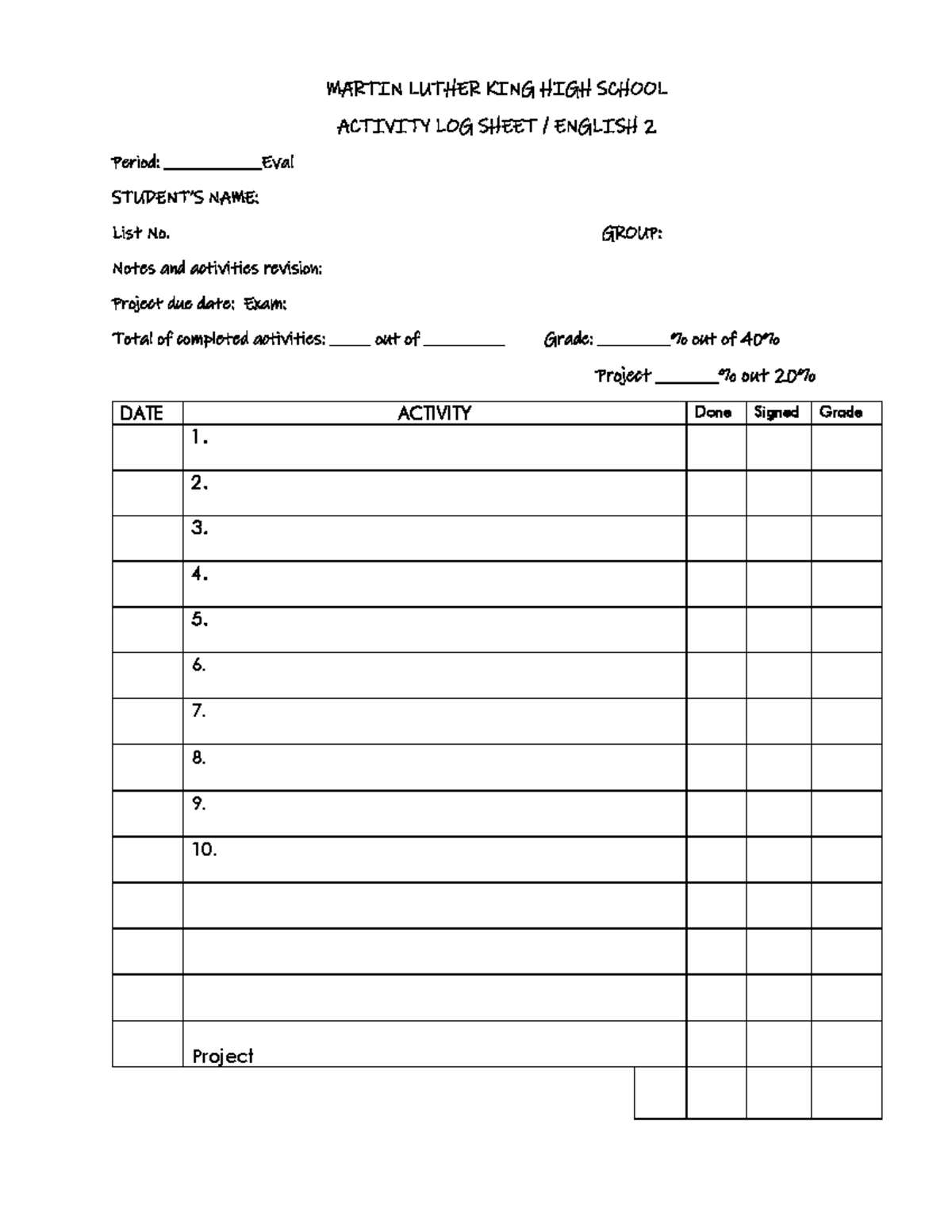 Activity Log Sheet English 2 General - Inglés III - MARTIN LUTHER KING ...