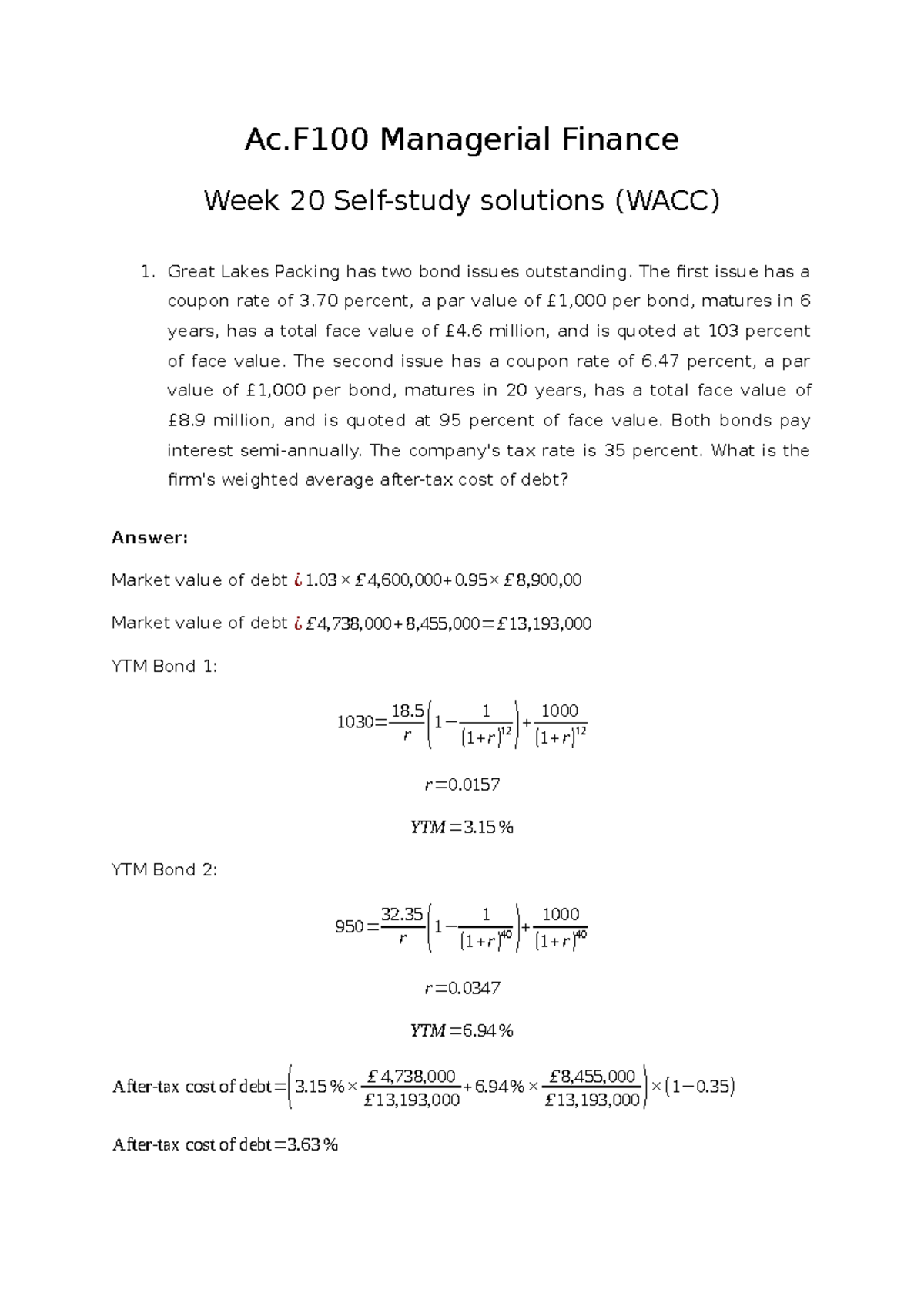 Ac.F100 Managerial Finance Week 20 Workshop Solutions on WACC - Studocu