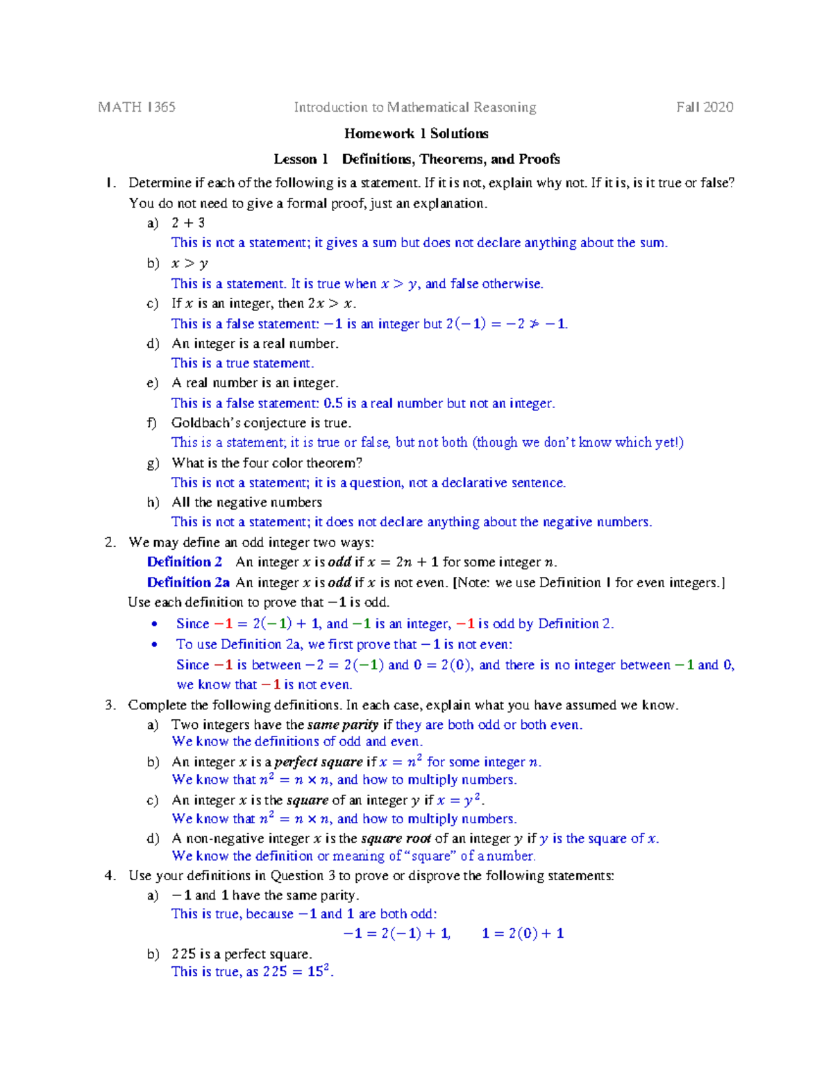 MATH 1365 Fall 2020 Homework 1 Solutions: Definitions and Proofs - Studocu