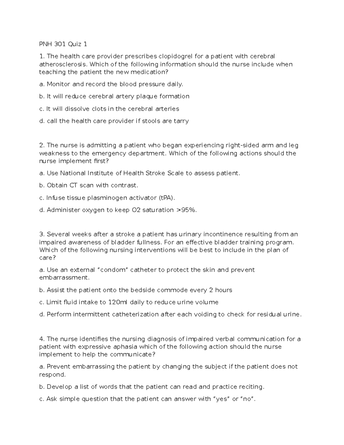 PNH 301 Quiz 1: Key Questions on Stroke Recognition and Management ...