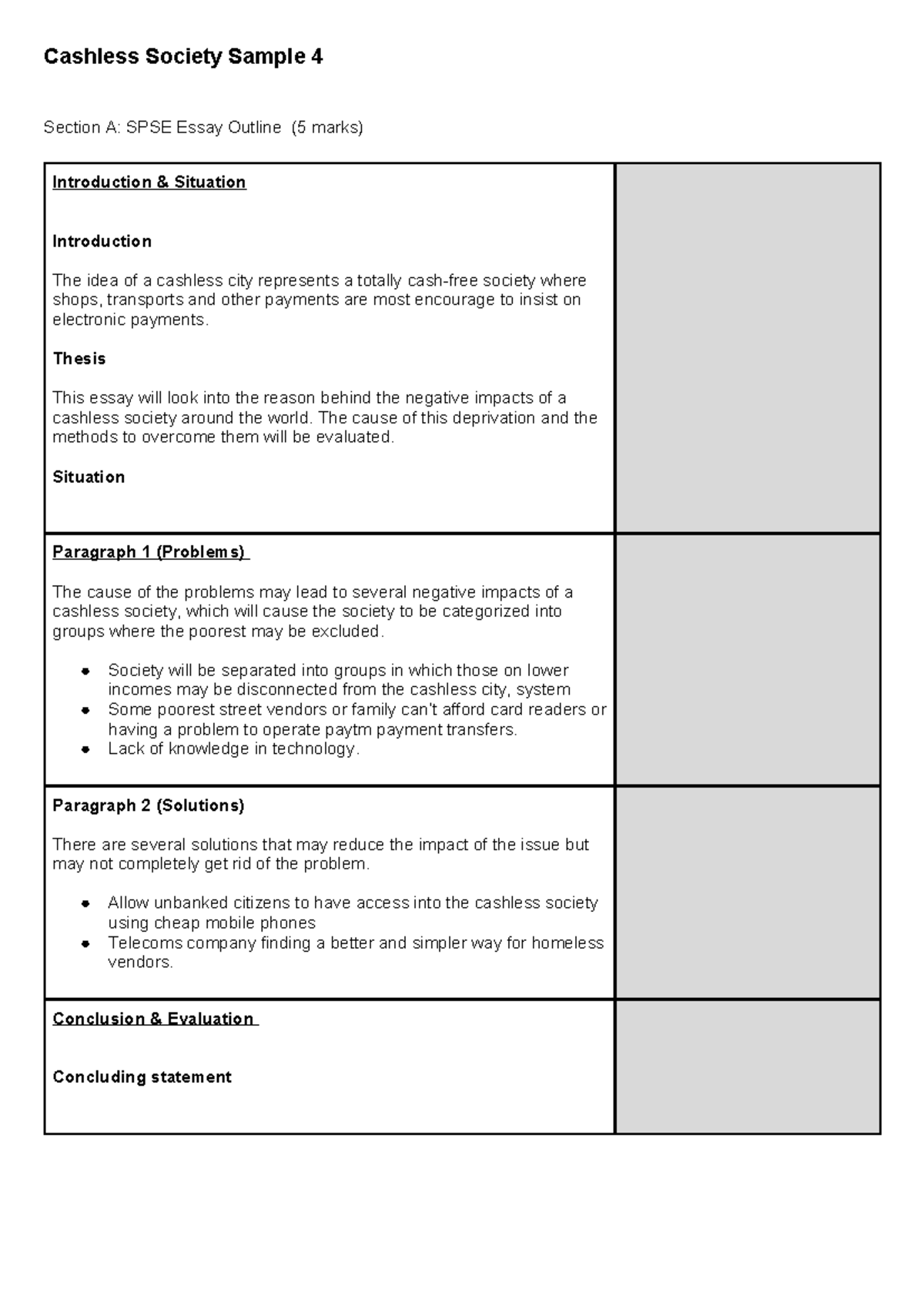 Cashless Society SPSE Essay Outline (Sample 4) - 30 Marks - Studocu