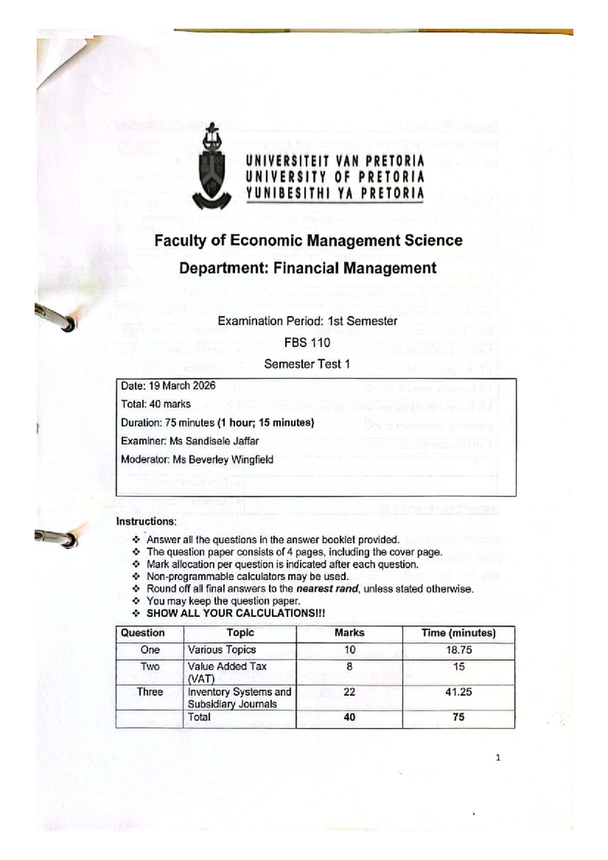 FBS 110 Semester Test 1: Financial Management Exam Notes - Studocu