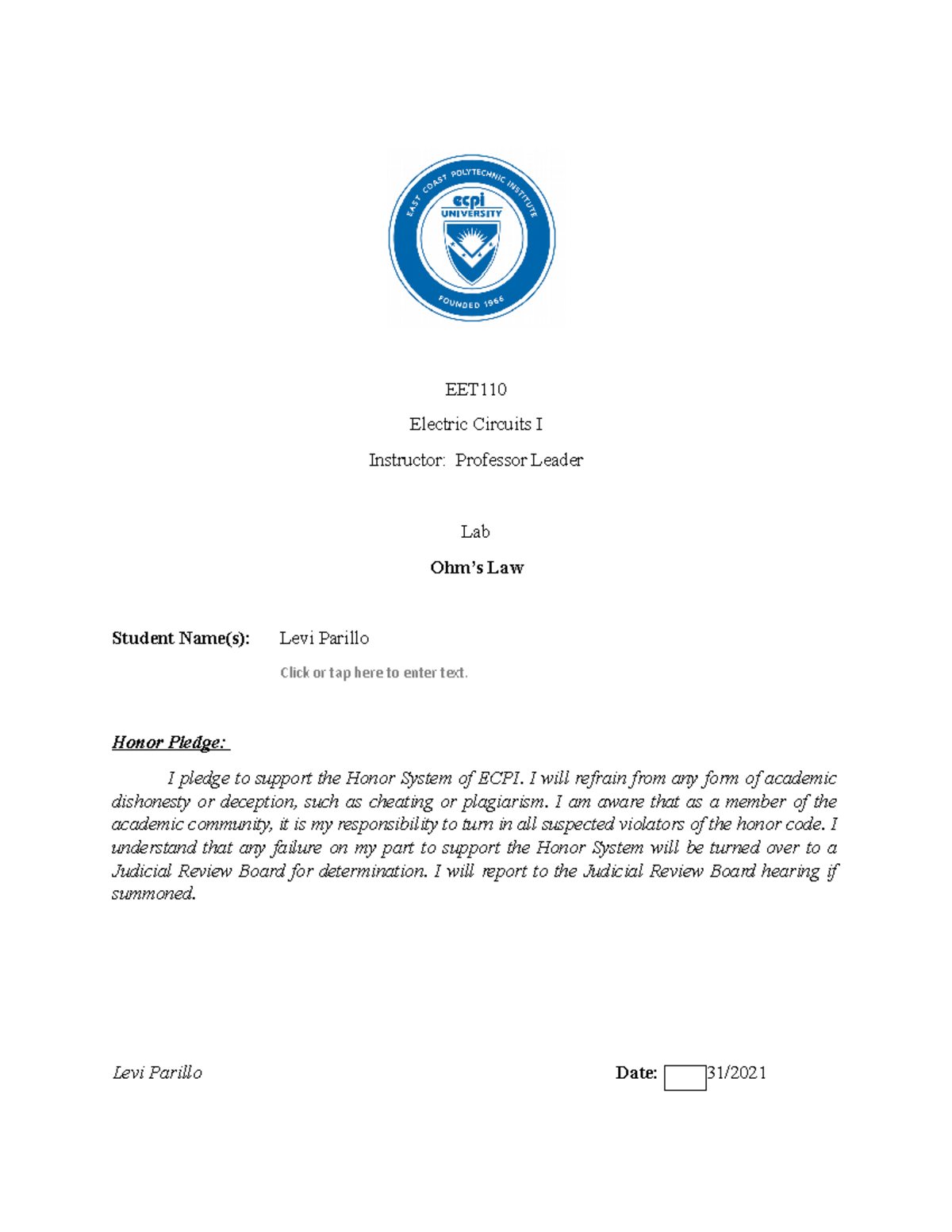 U1 Lab Report on Ohm's Law - EET110 Electric Circuits I - Studocu