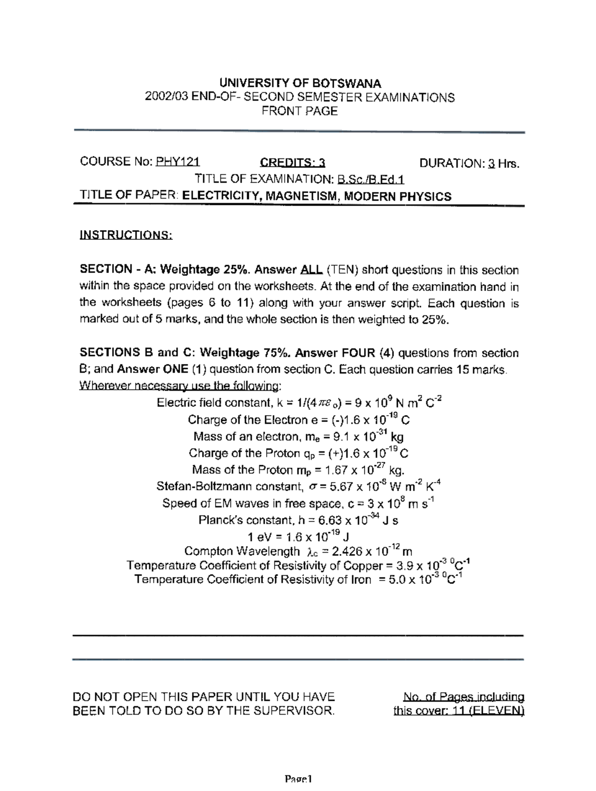 03S2 PHY121 - Final Exam on Electricity, Magnetism & Modern Physics ...
