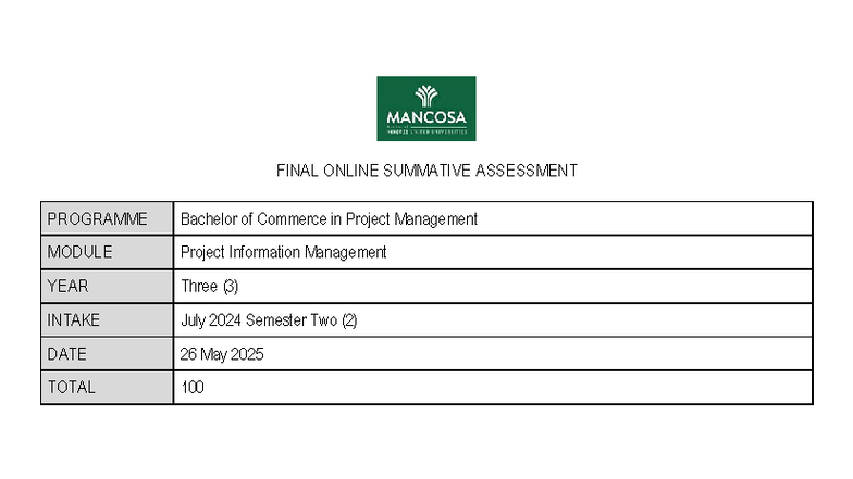 JULY24 S2 BCOM PM Final Exam: Project Info Management Insights - Studocu