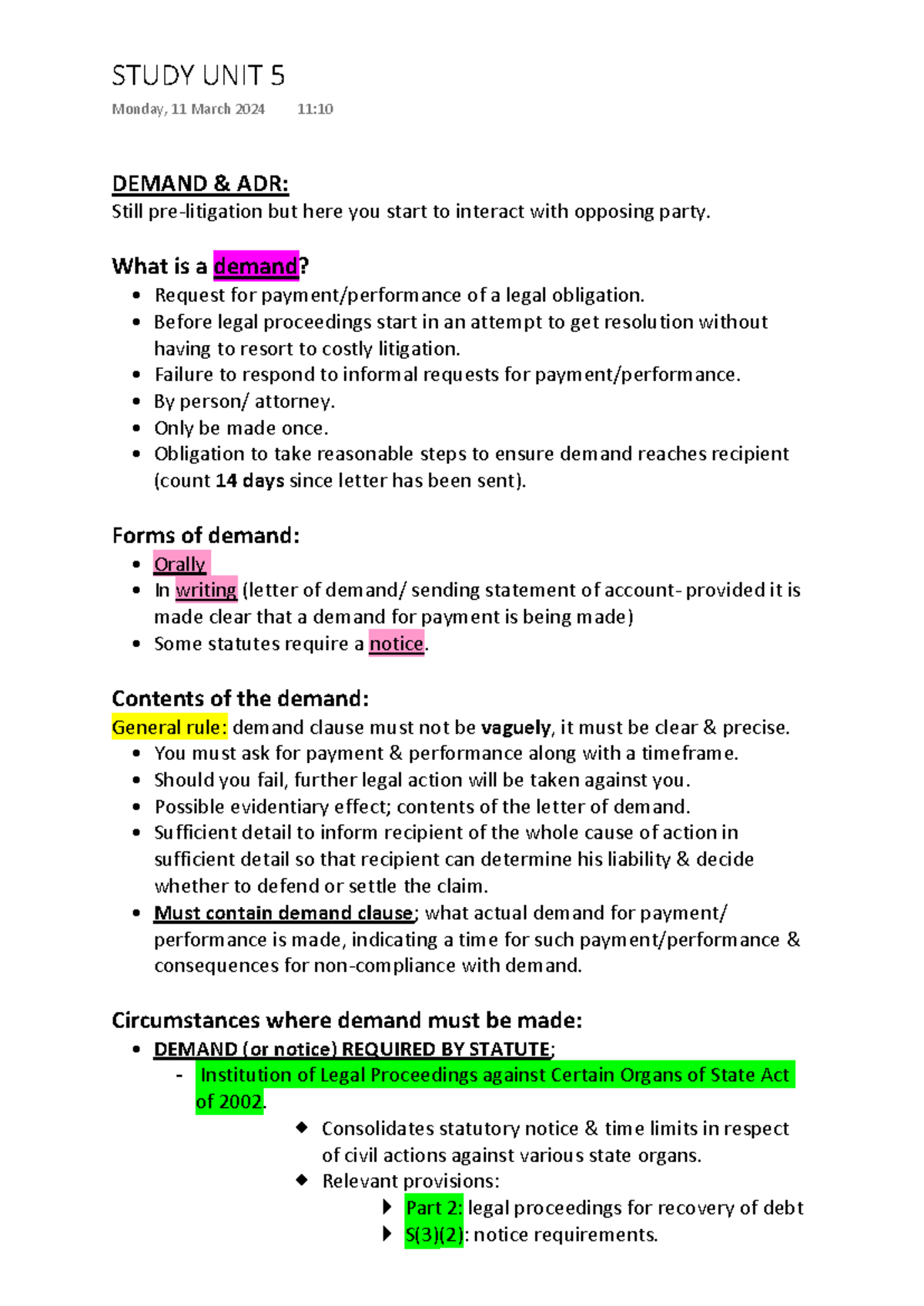 Study unit 5 - CLASS NOTES - DEMAND & ADR: Still pre-litigation but ...