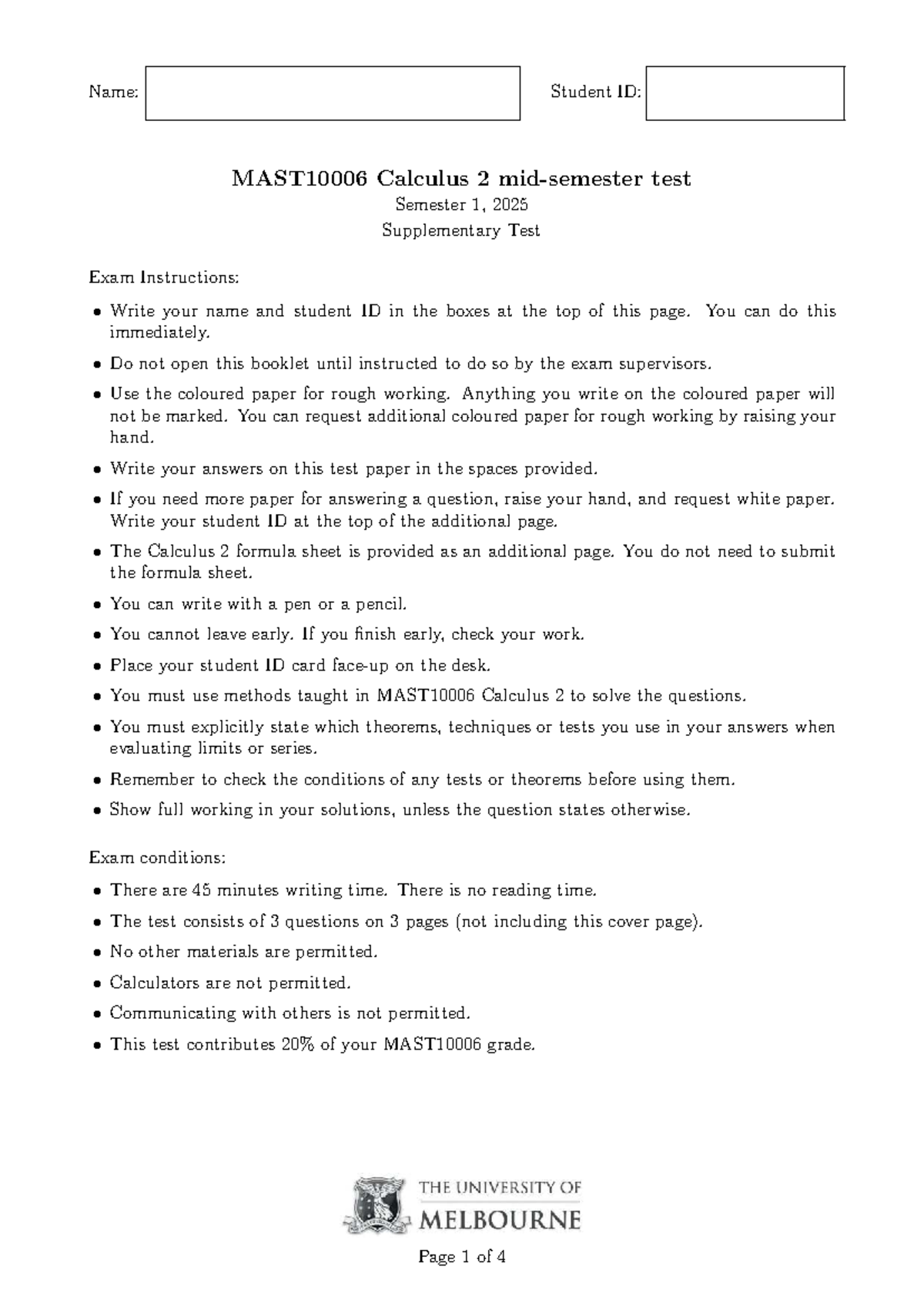 Calculus 2 (MATH 202) Semester 1, 2025 Supplementary Test Instructions ...