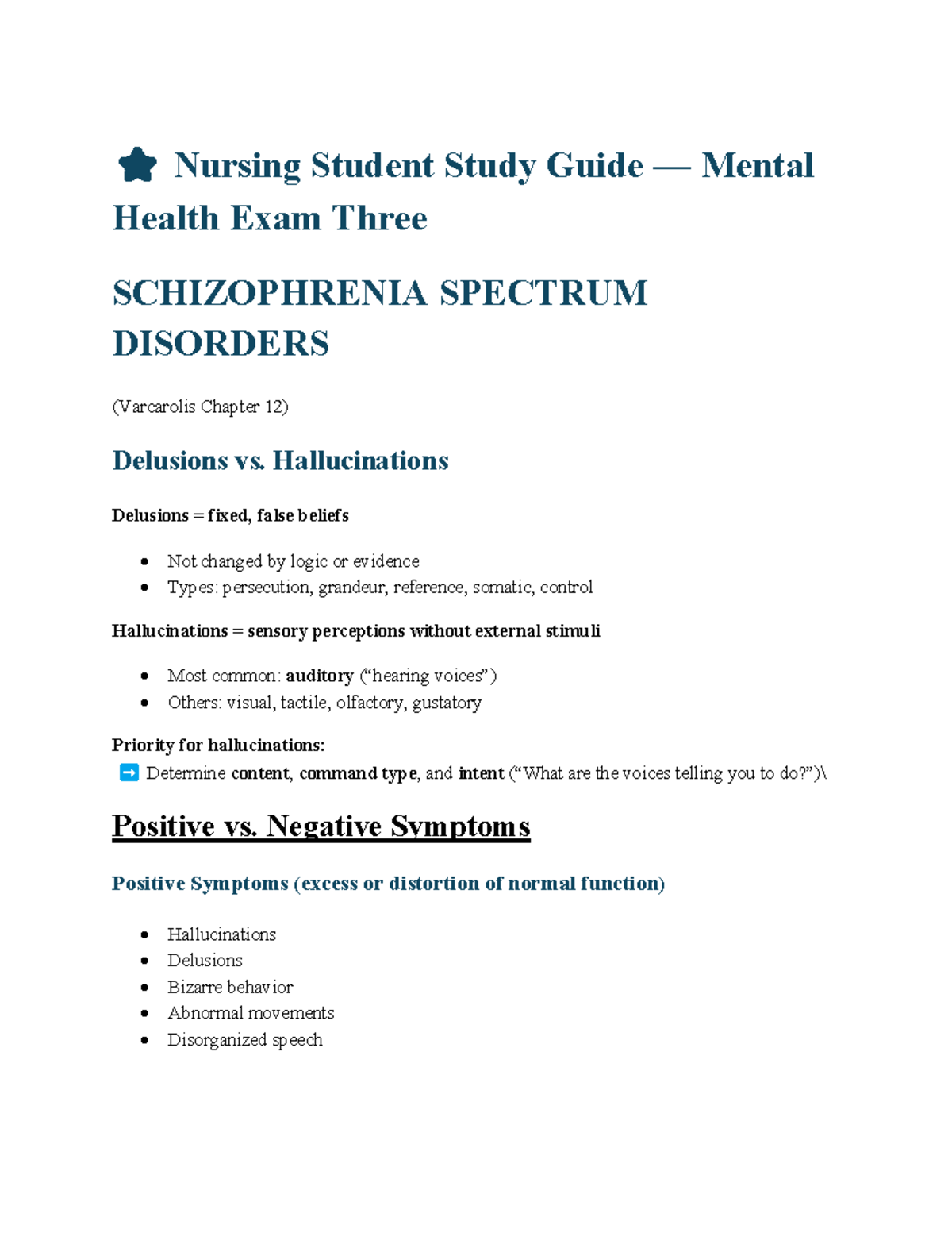 ⭐️ MH Final SG - Study Guide for Mental Health Exam on Schizophrenia ...