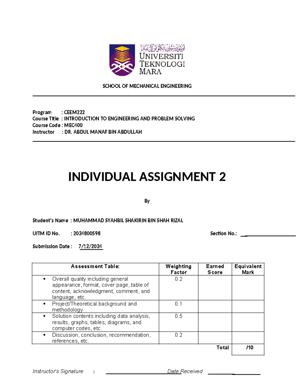 MEC400 Individual Assignment 2: Engineering Problem Solving Analysis ...