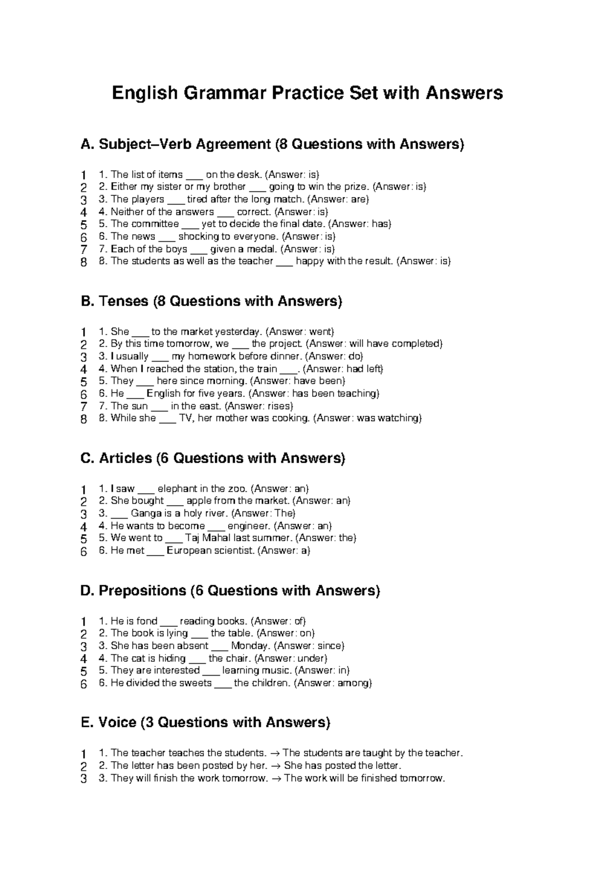 English Grammar Practice Set with Answers: Agreement, Tenses, Articles ...