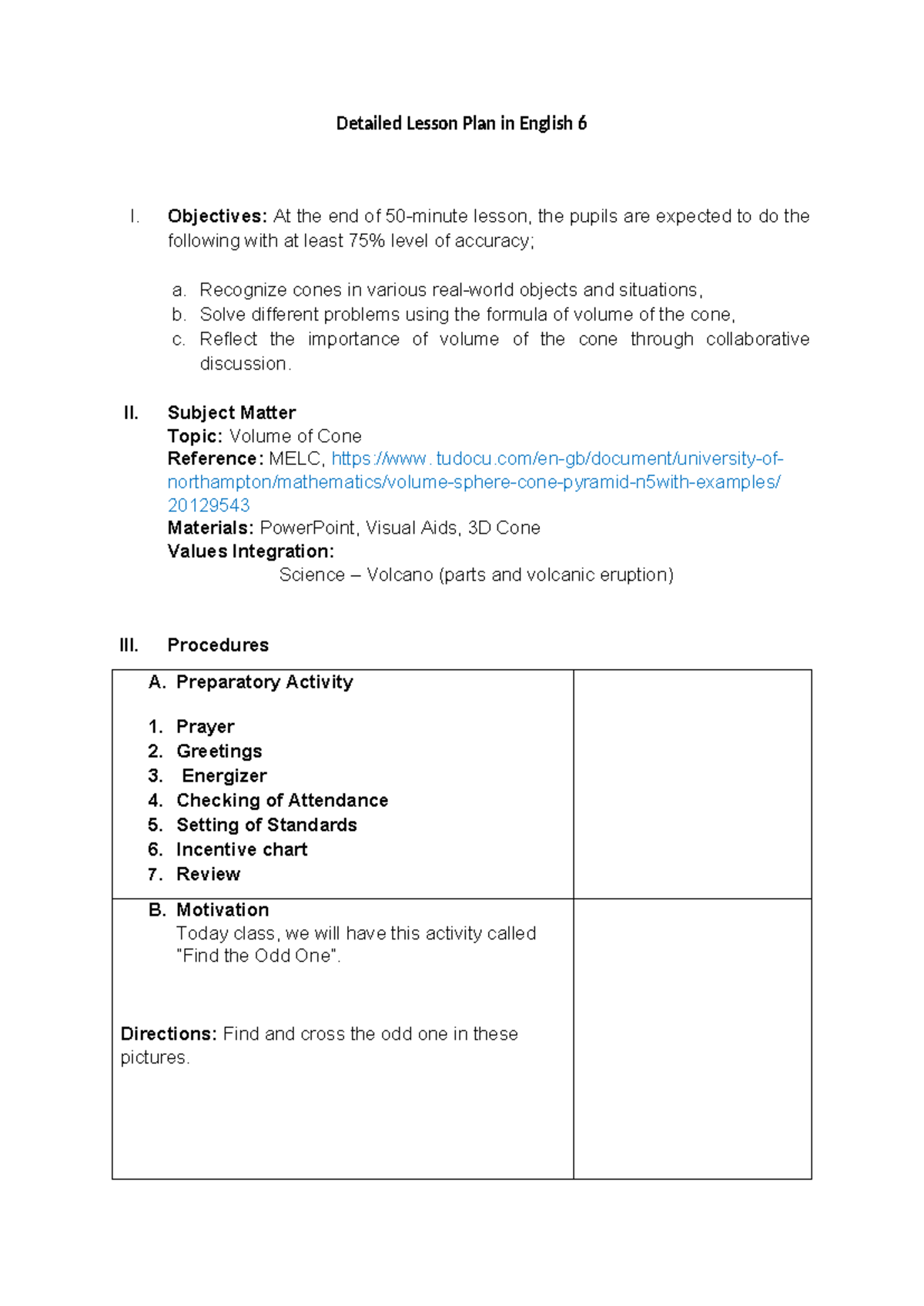 Lesson Plan: Volume of Cone (English 6) - Objectives & Activities - Studocu