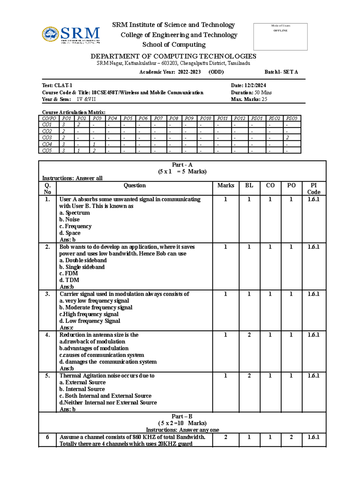 Wireless and Mobile Communication (18CSE458T) Exam Set B Answer Key ...