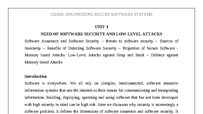 CB3591 - UNIT 1 - Software Security and Low-Level Attack Risks - Studocu