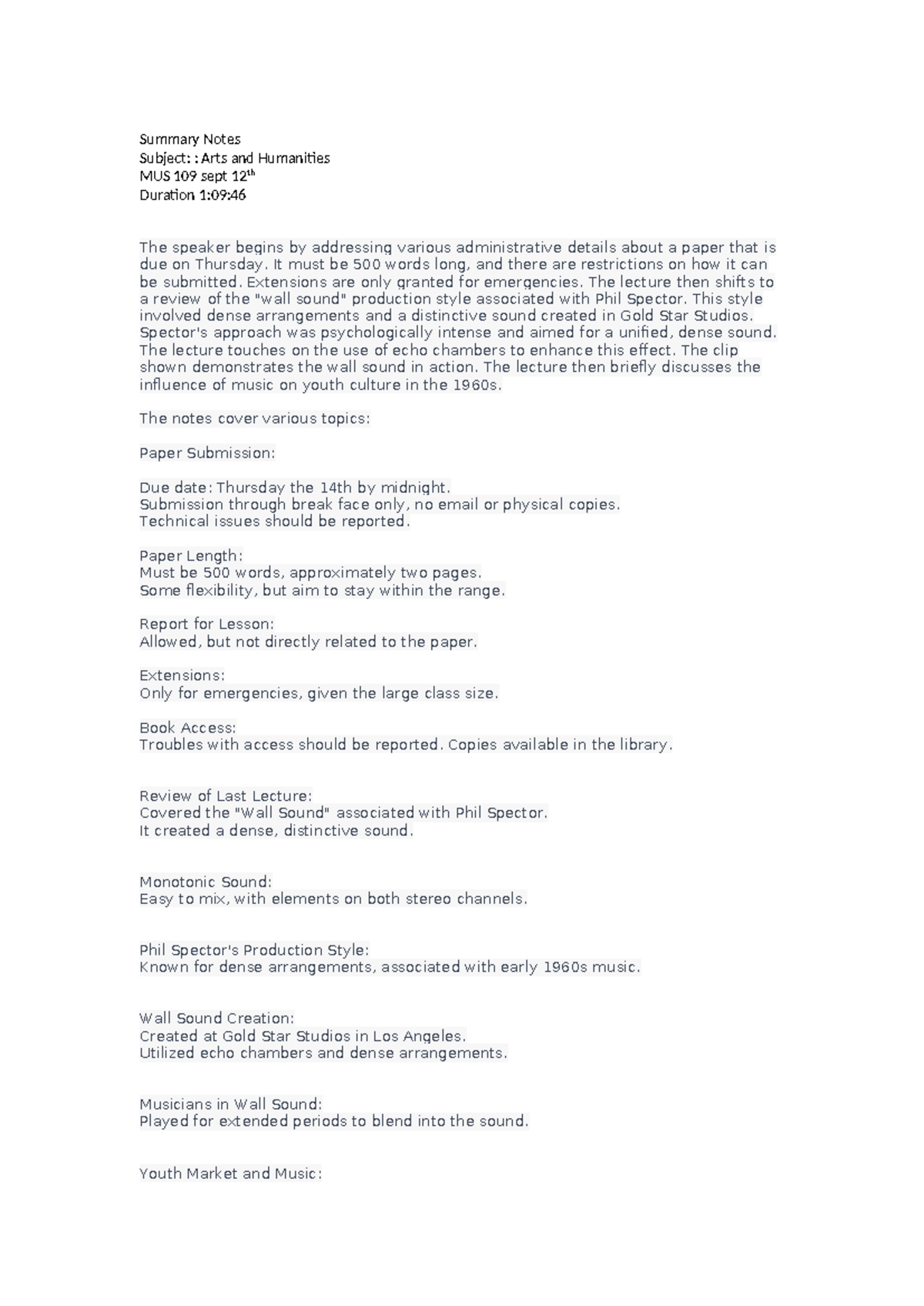 Arts and Humanities MUS109SEPT12 - Summary Notes Subject: : Arts and ...