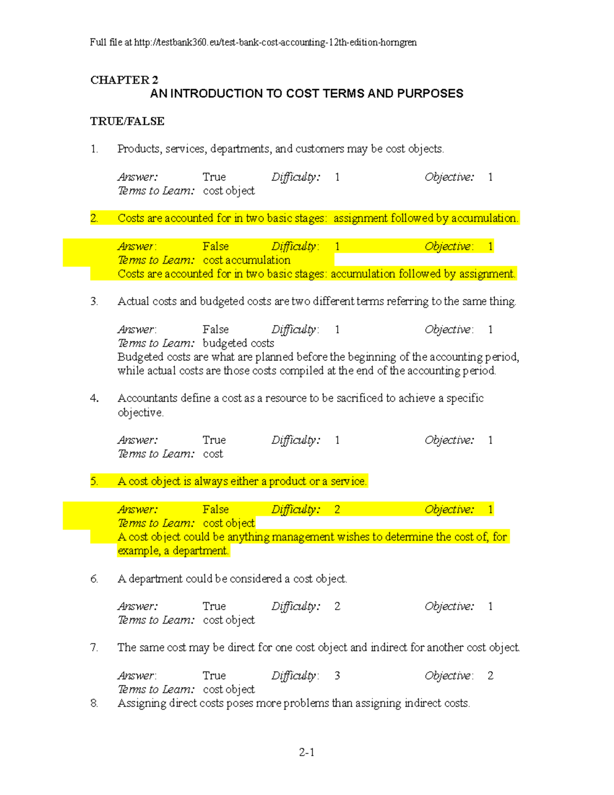 Cost Accounting Quiz - Test Bank (12th Edition, Horngren) - Studocu