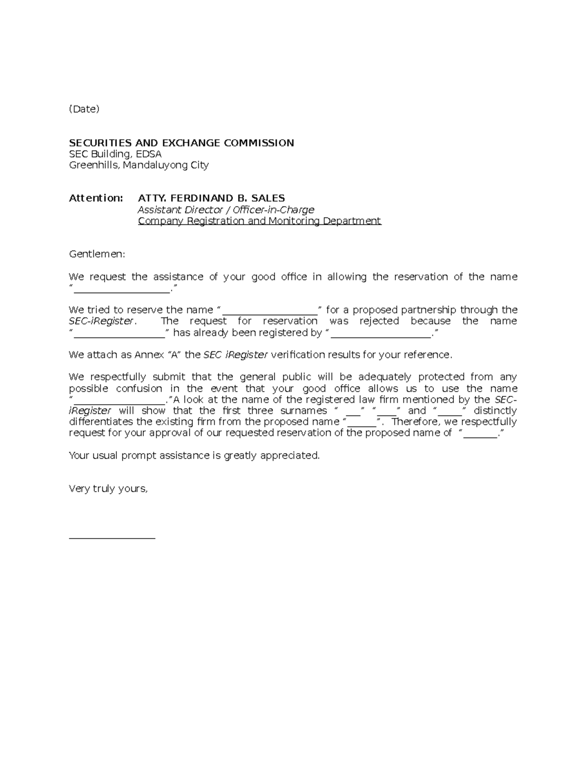 336753838 SEC Name Reservation Appeal Letter Template - Studocu