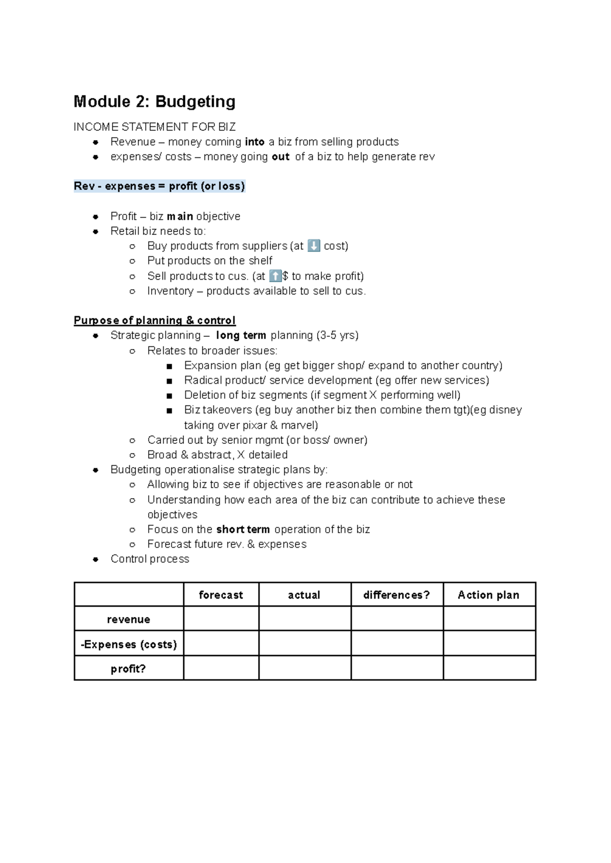 B114 M2 Budgeting Notes: Income Statement & Cash Flow Analysis - Studocu