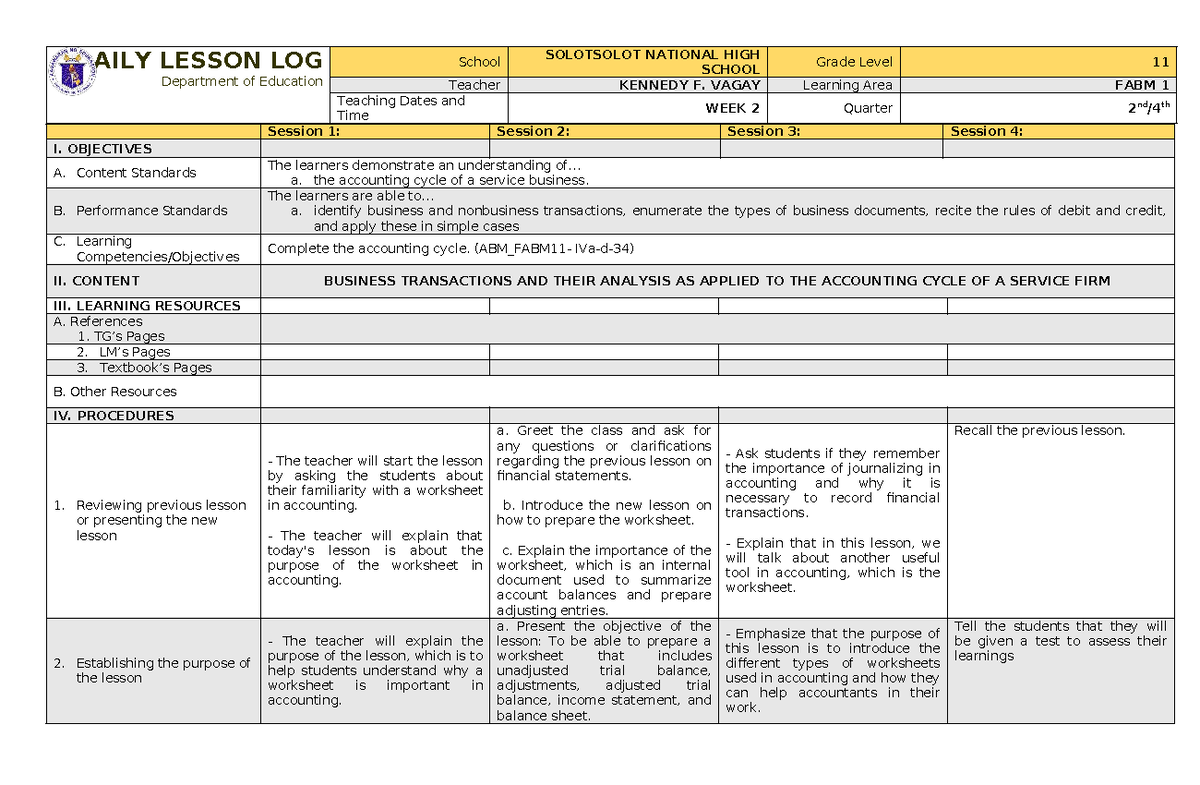 FABM 1 Q2 Week 2 Daily Lesson Log: Understanding Worksheets in ...