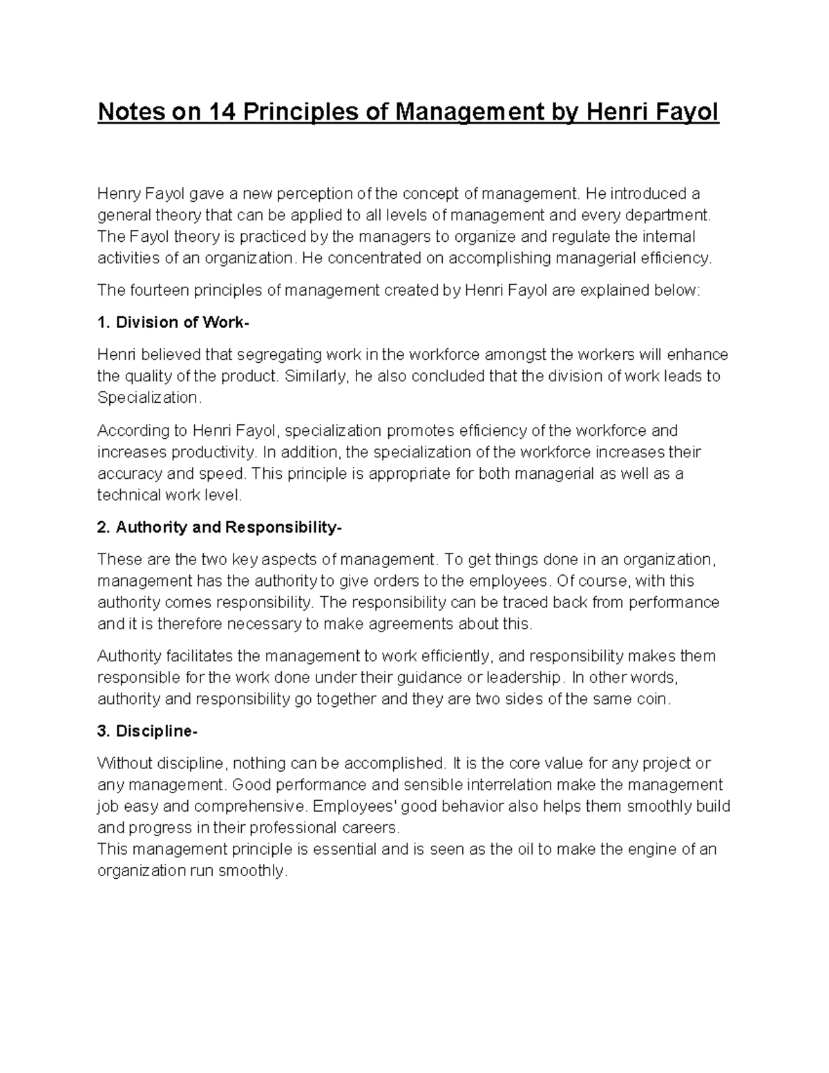 Notes on Fayol's 14 Principles of Management (MGMT 101) - Studocu