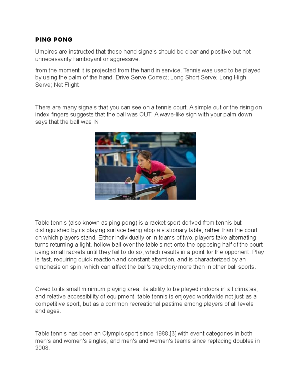 PING PONG NOTES - PING PONG Umpires are instructed that these hand ...