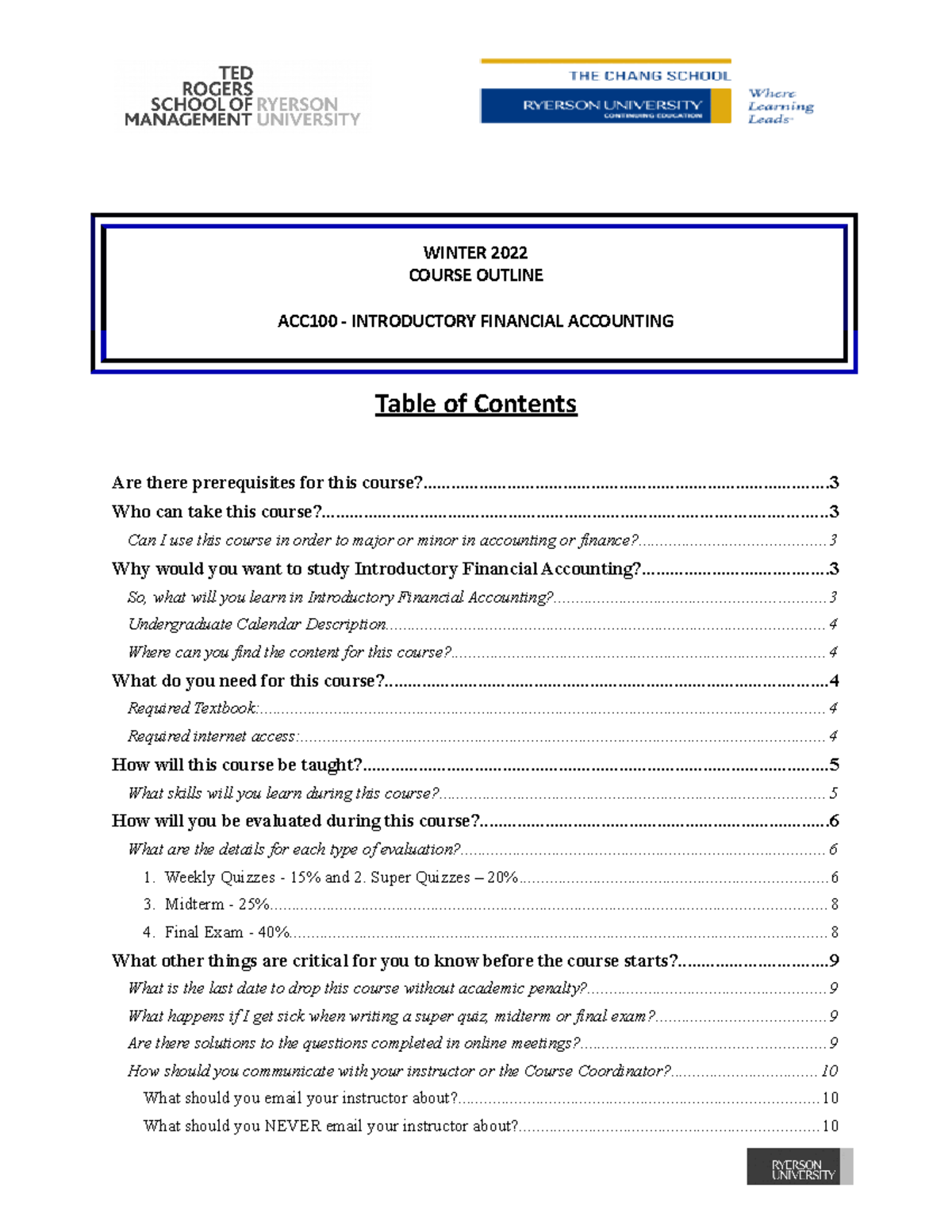 ACC100 Course Outline: Introductory Financial Accounting Details - Studocu