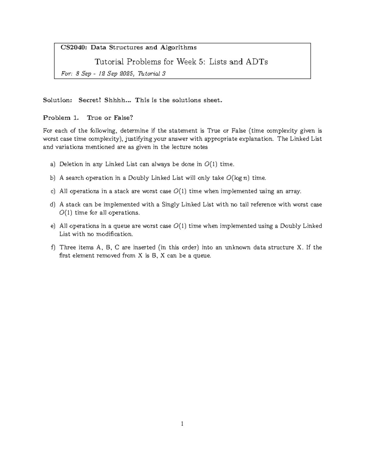 CS2040: Tutorial 3 Solutions for Data Structures - Week 5 - Studocu