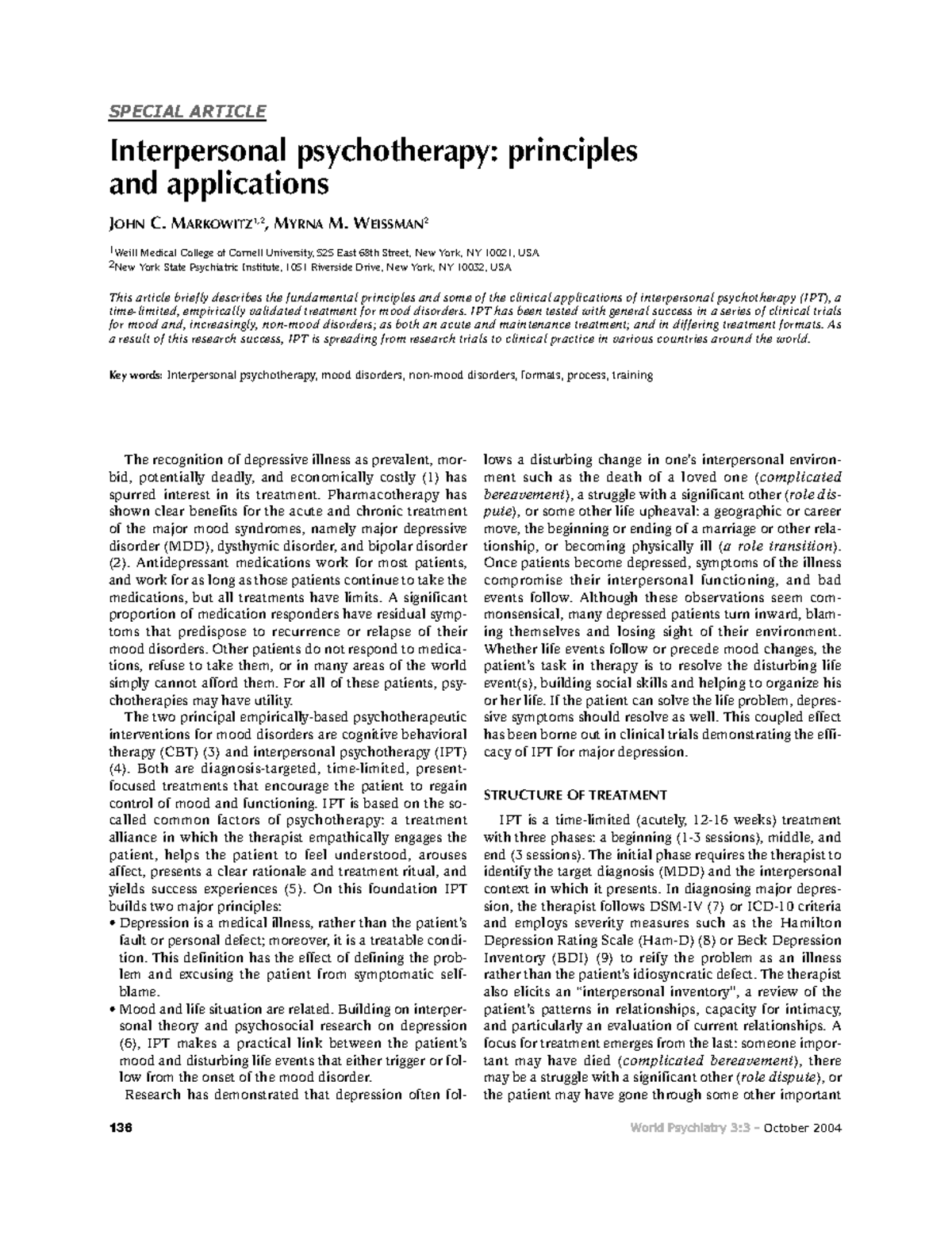 Interpersonal Psychotherapy Principles and Applications (136 PSY) - Studocu