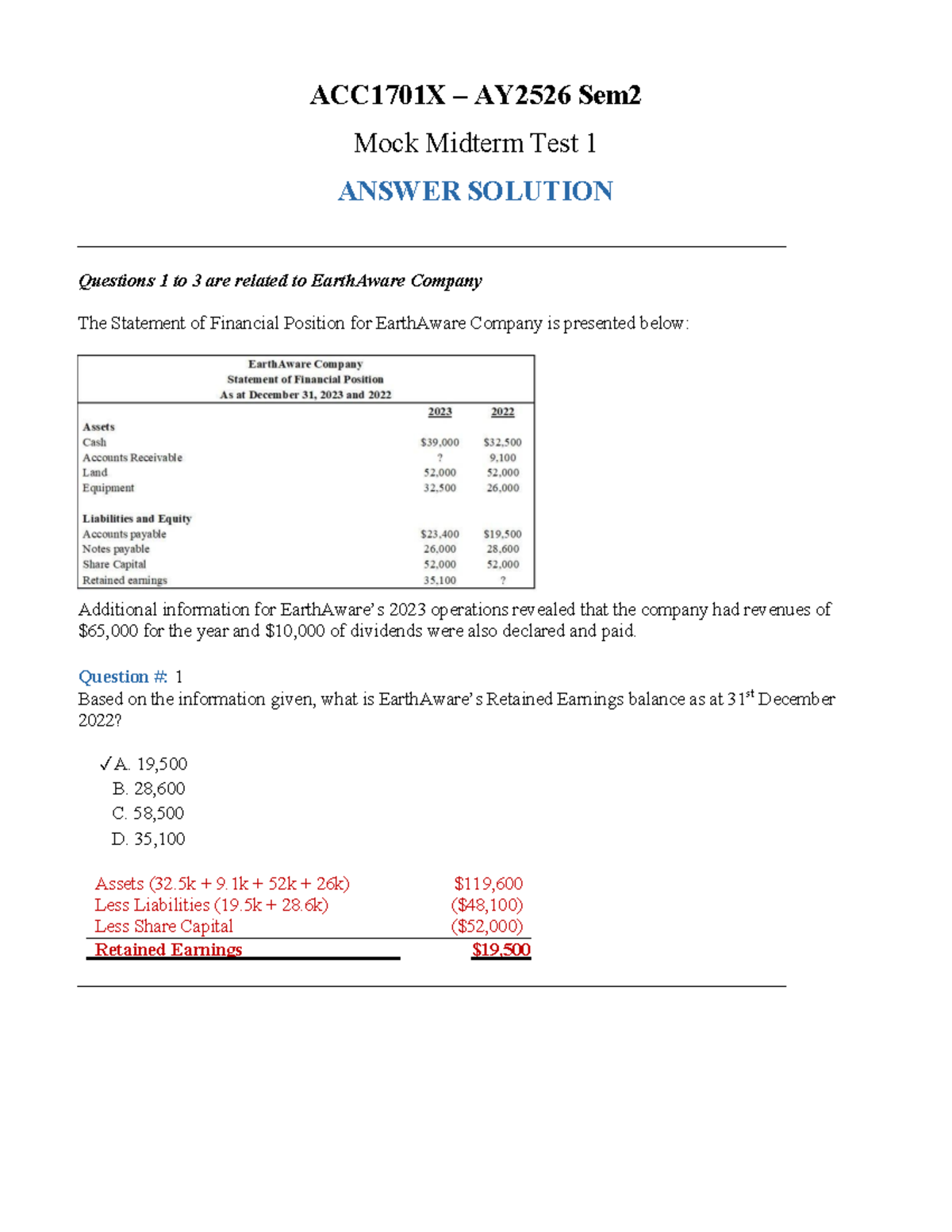 ACC1701X AY2526 Sem2 Mock Midterm Test 1 Answer Key - Studocu