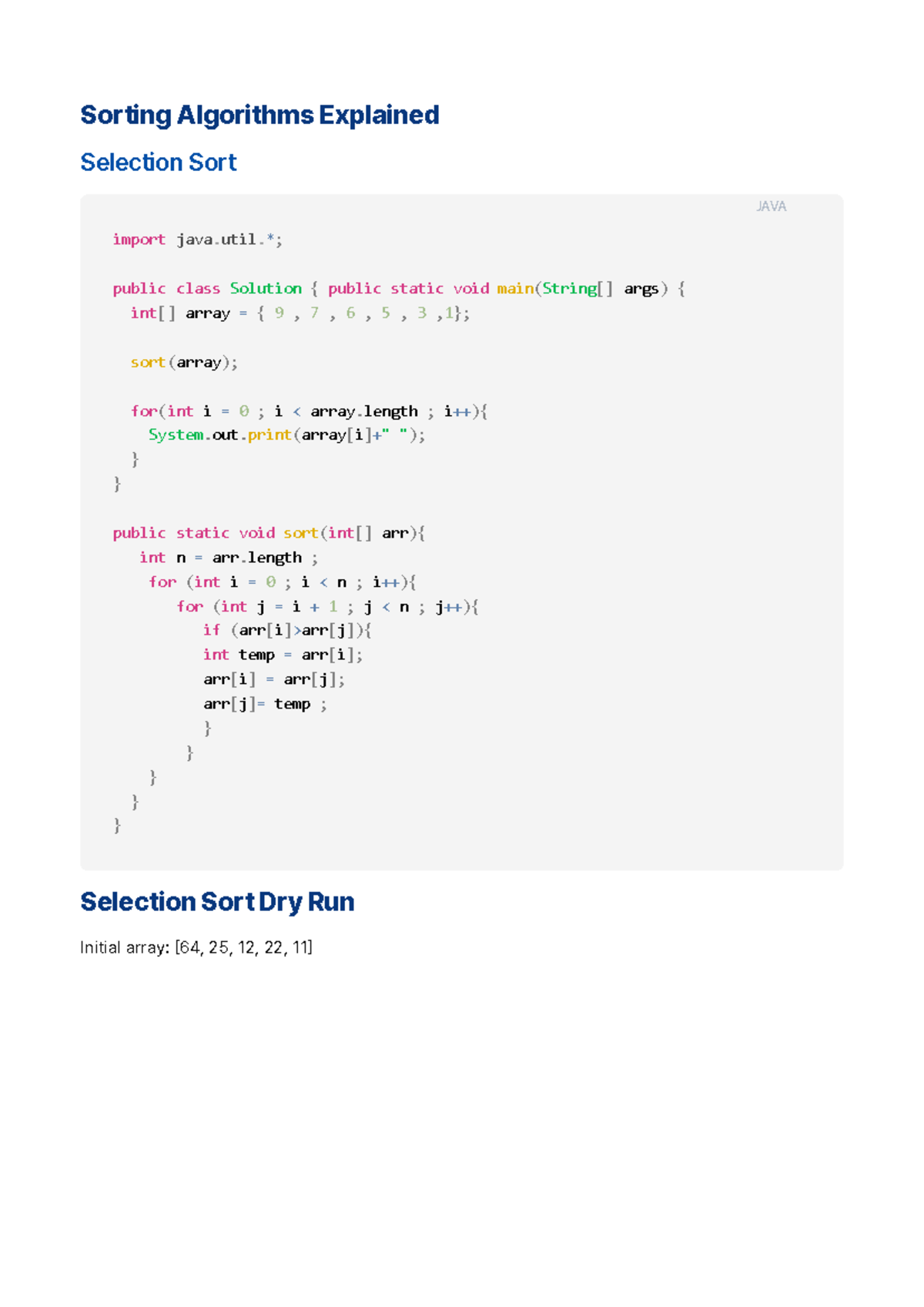 Sorting Algorithms in Java: Selection, Bubble, and Insertion Sort - Studocu