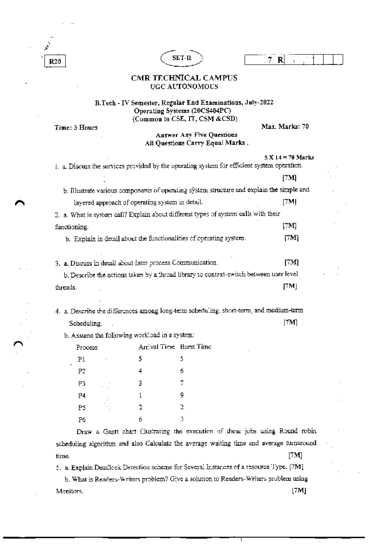 Operating systems (20CS404PC) final exam question paper and guidelines ...