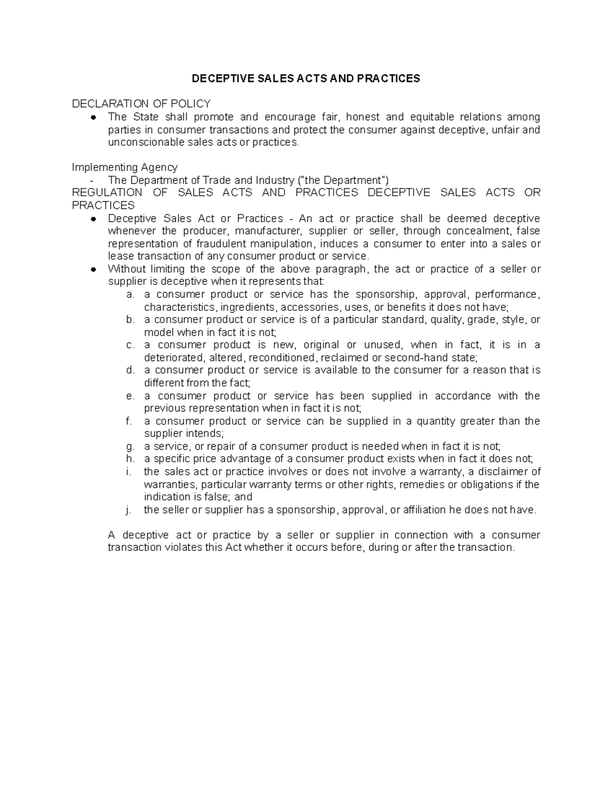 Deceptive sales acts and practices - DECEPTIVE SALES ACTS AND PRACTICES ...