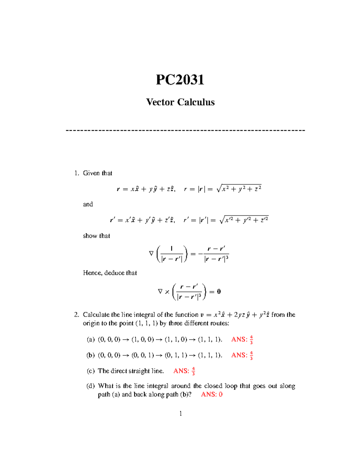 PC2031 Vector Calculus Tutorial 1 Solutions - Studocu