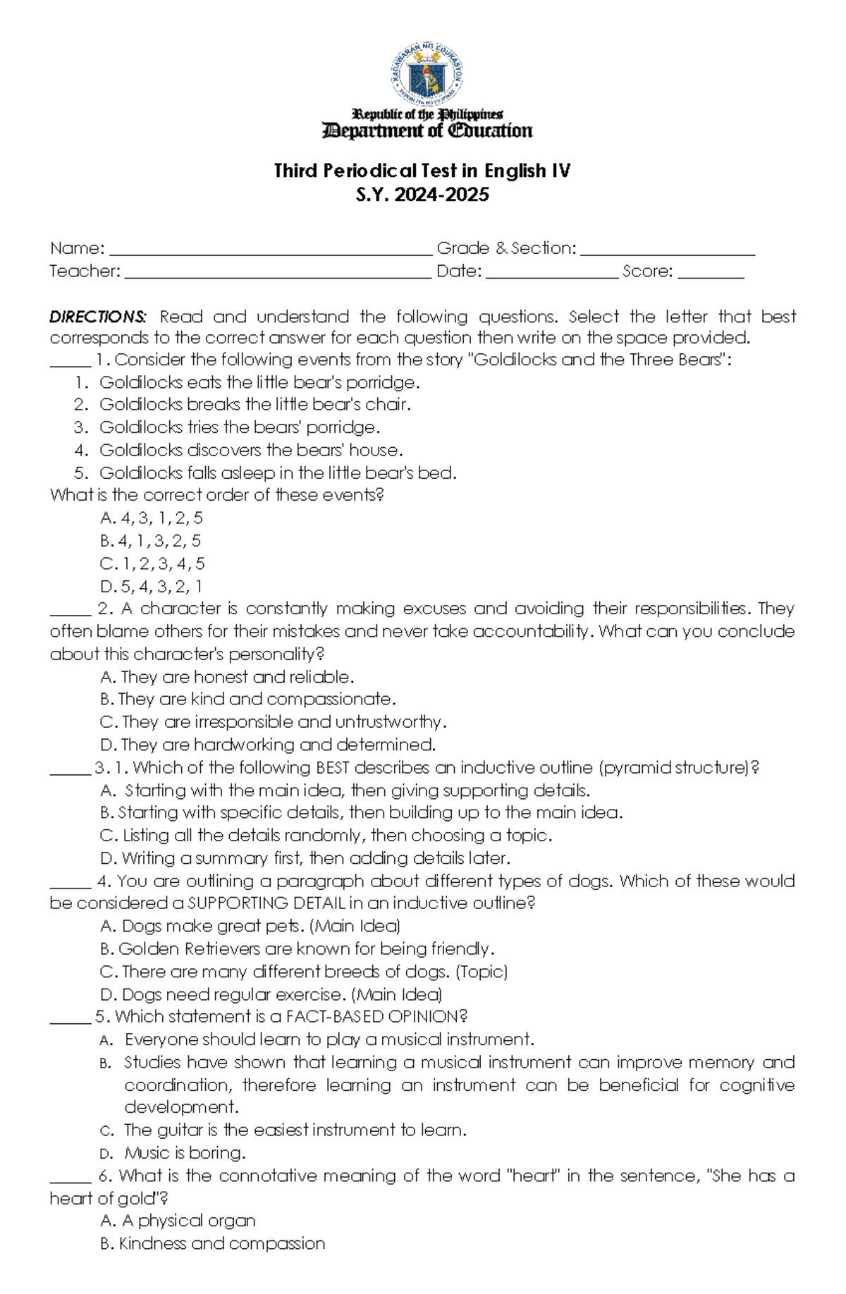 Third Periodical TEST IN English 4 SY 24 25 - Third Periodical Test in ...