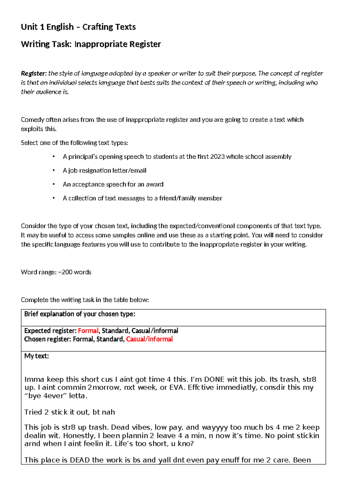 CT - Inappropriate Register Writing Task: Crafting Comedy in Texts ...