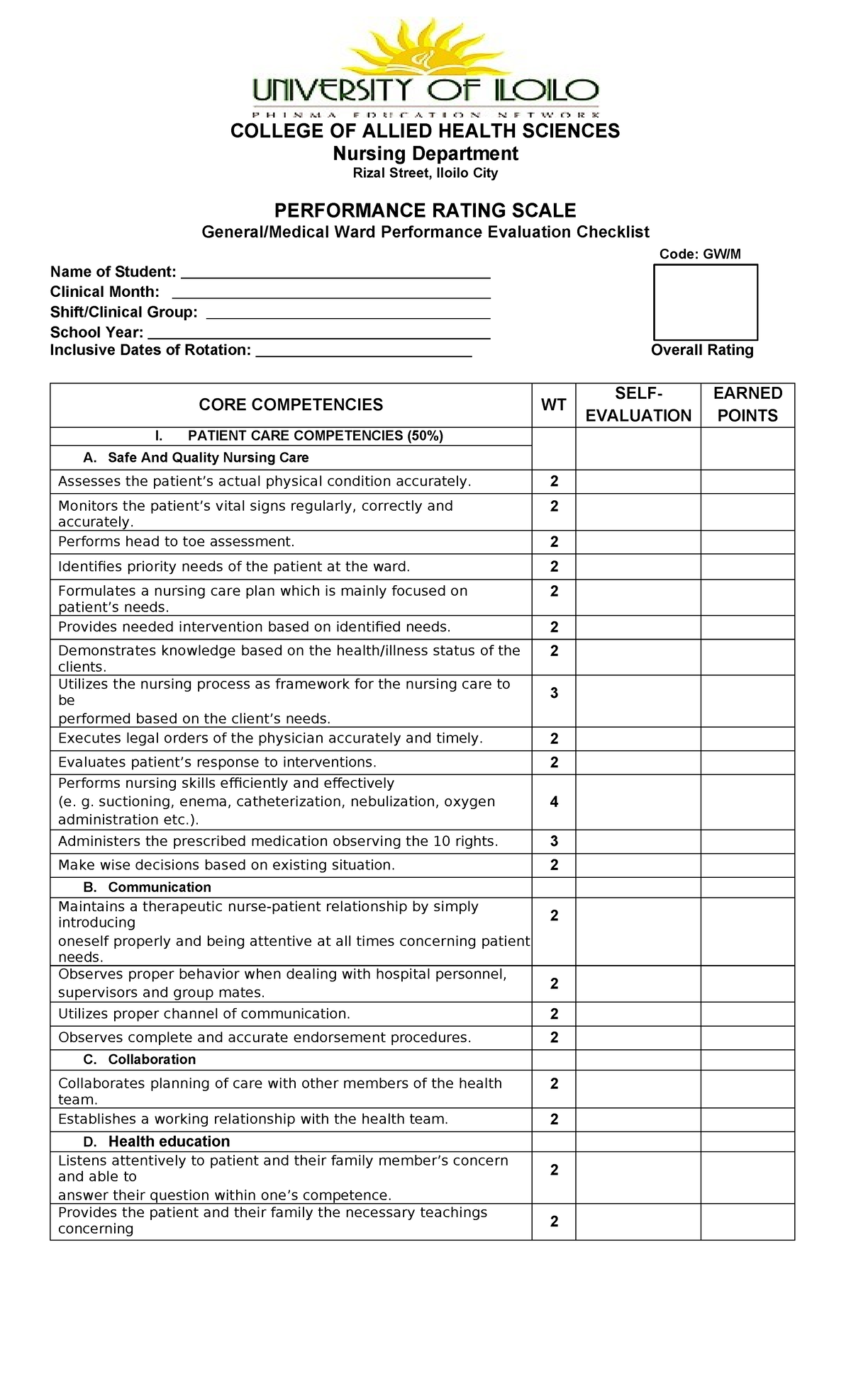 GW/M Performance Rating Scale for Nursing Clinical Evaluation - Studocu